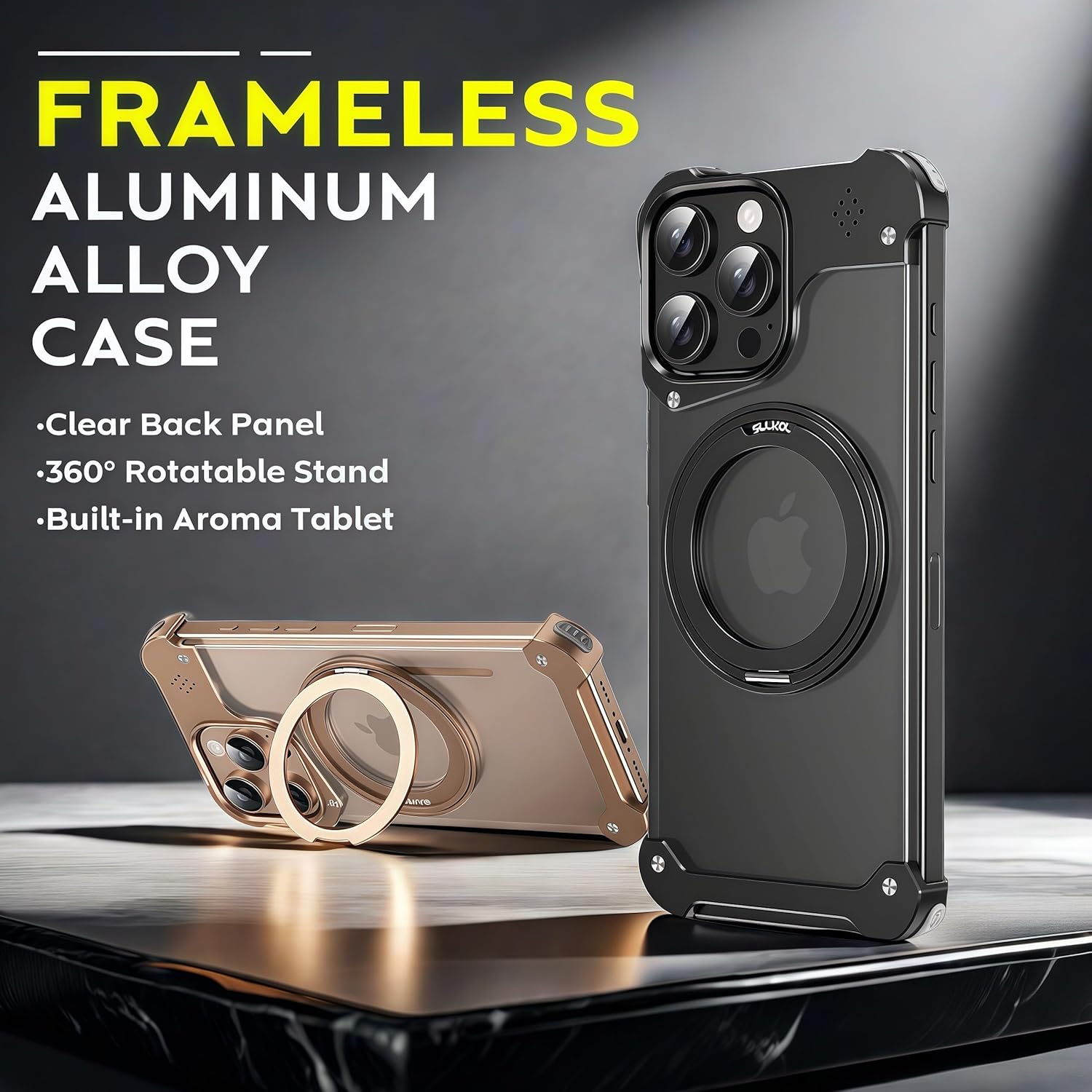 for MagSafe iPhone 15 Pro Max Frameless Case, 360° Magnetic Ring Kickstand, Minimalist Slim Metal Frame, Ultra-Thin Lightweight, Military-Grade Protection. Black