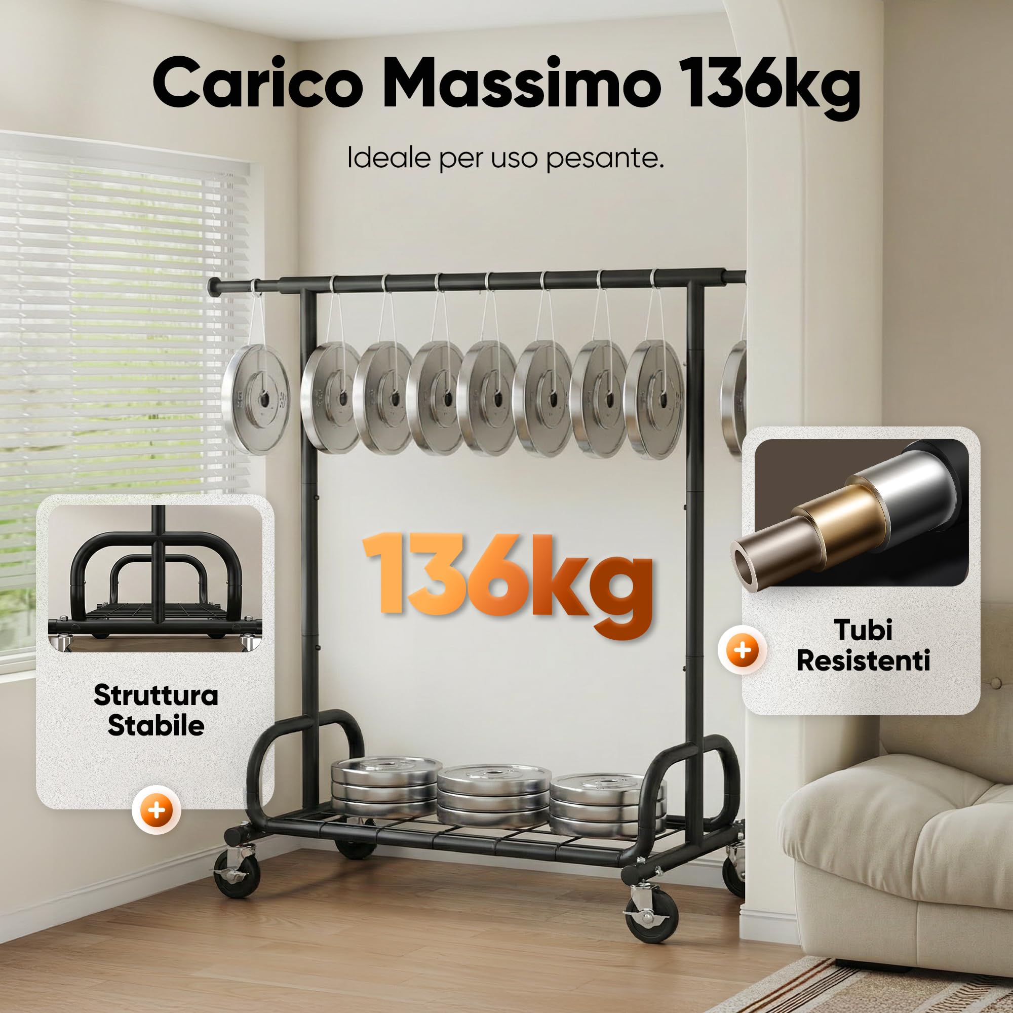 HOKEEPER Appendiabiti da Terra Resistente 136kg, Barra Estensibile con Ruote Bloccabili e Ripiano, Salvaspazio per Camera da Letto, Appartamento Piccolo, Lavanderia, Nero