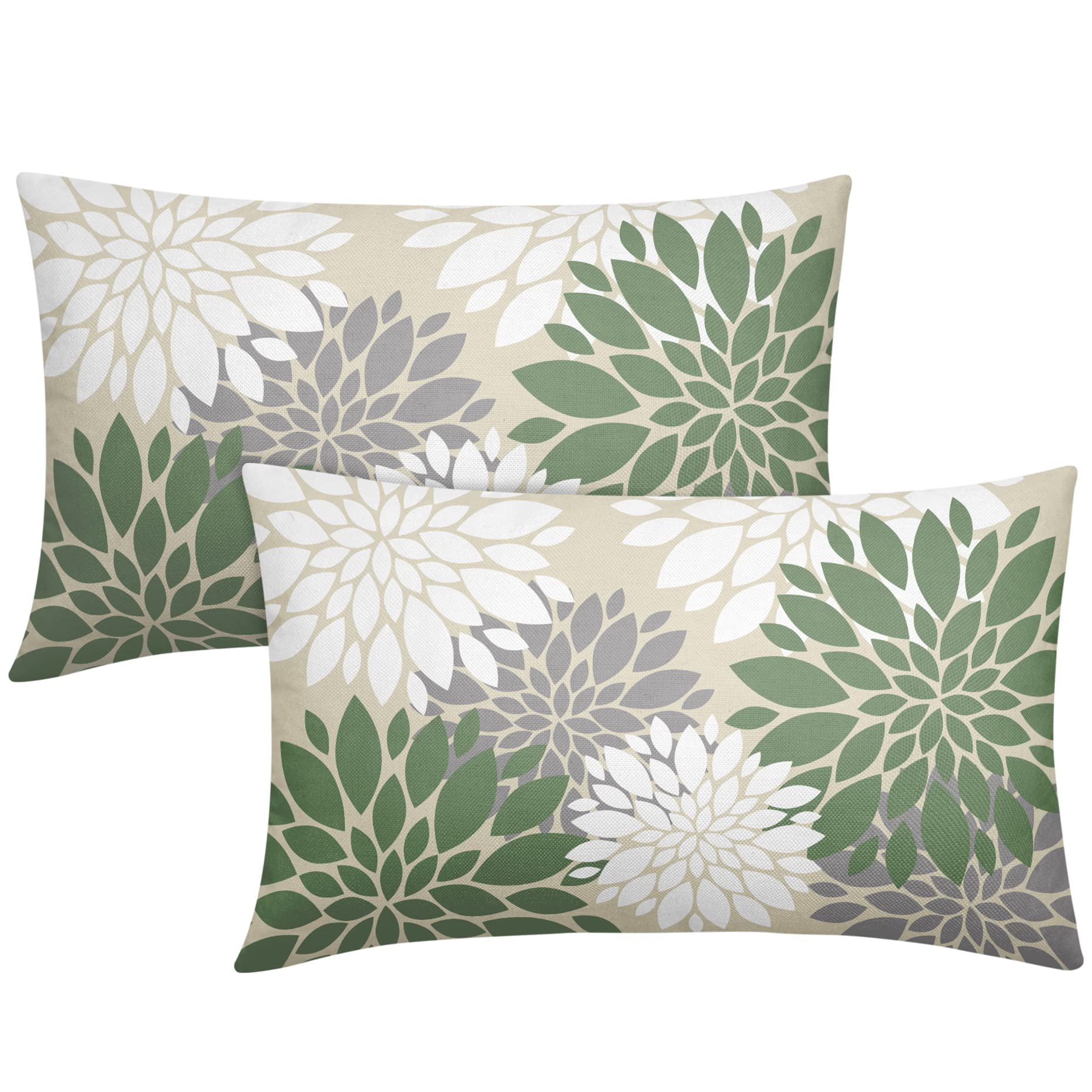 Sage Green White Grey Gray Pillow Covers 12X20 Inch Set of 2, Spring Modern Dahlia Floral Print Decorative Rectangle Throw Pillow Covers Outdoor