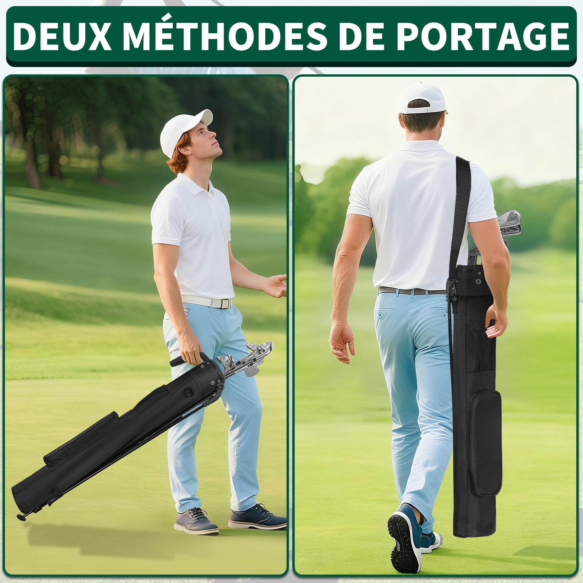 120CM Sac de Golf avec Support, Sac de Golf Léger et Portable à Pied avec 2 Poches, Bretelles Réglables pour Le Practice, Les Parcours par 3 et Les Parcours Exécutifs
