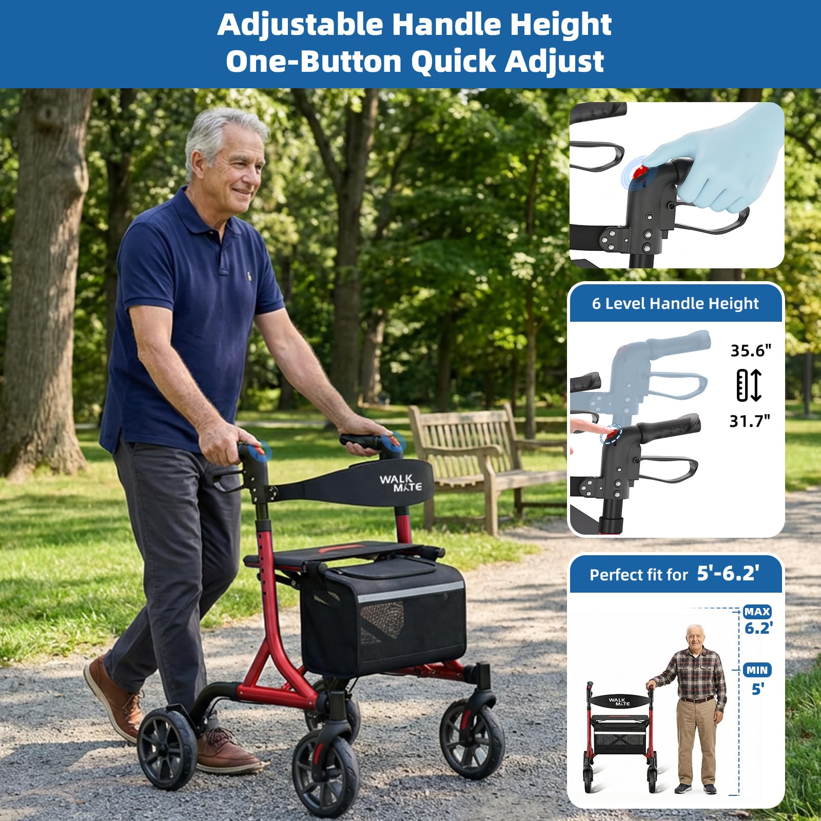 Walk Mate Rollator Pieghevole e Leggero con Seduta - Compatto per la Casa, Regolazione Ergonomica dell'Altezza 150-190 cm, Ruote Fuoristrada, Peso Ultraleggero di Soli 6,7 kg