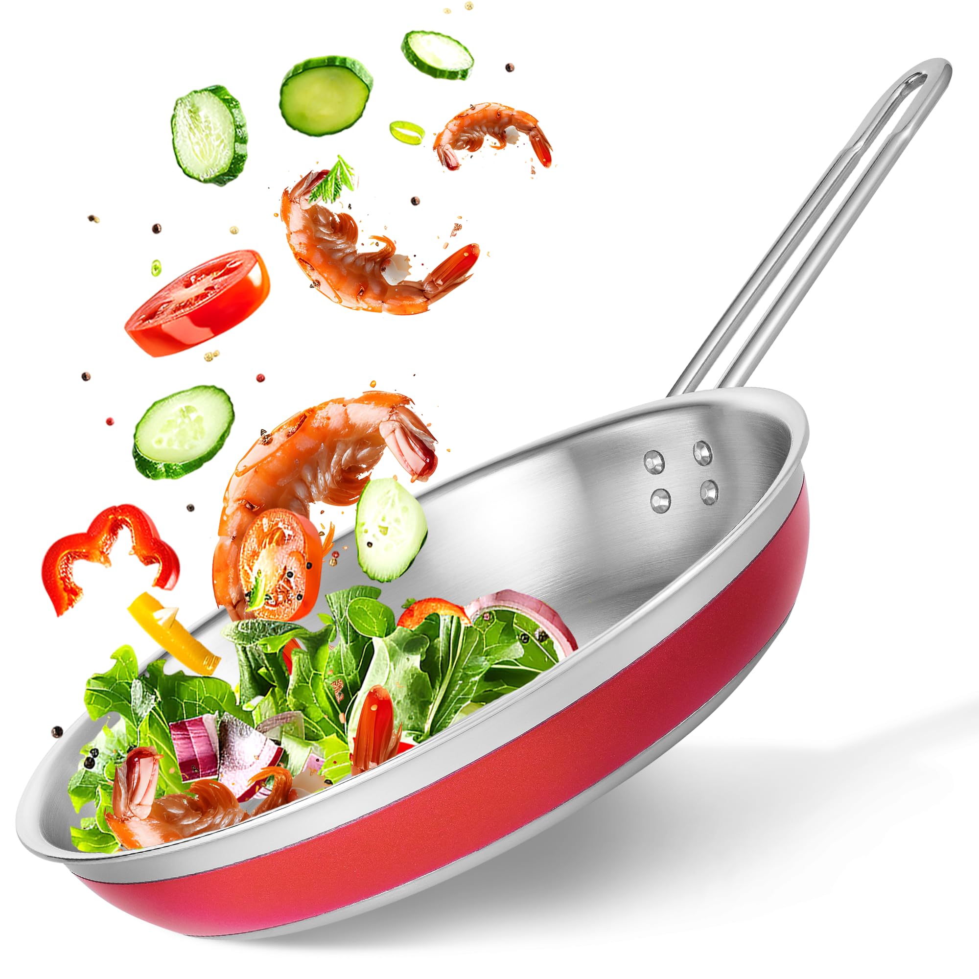 BX Starry Frying Pan 3-ply whole clad Stainless Steel 18 10 Red Coating Food Safe Cookware Compatible with