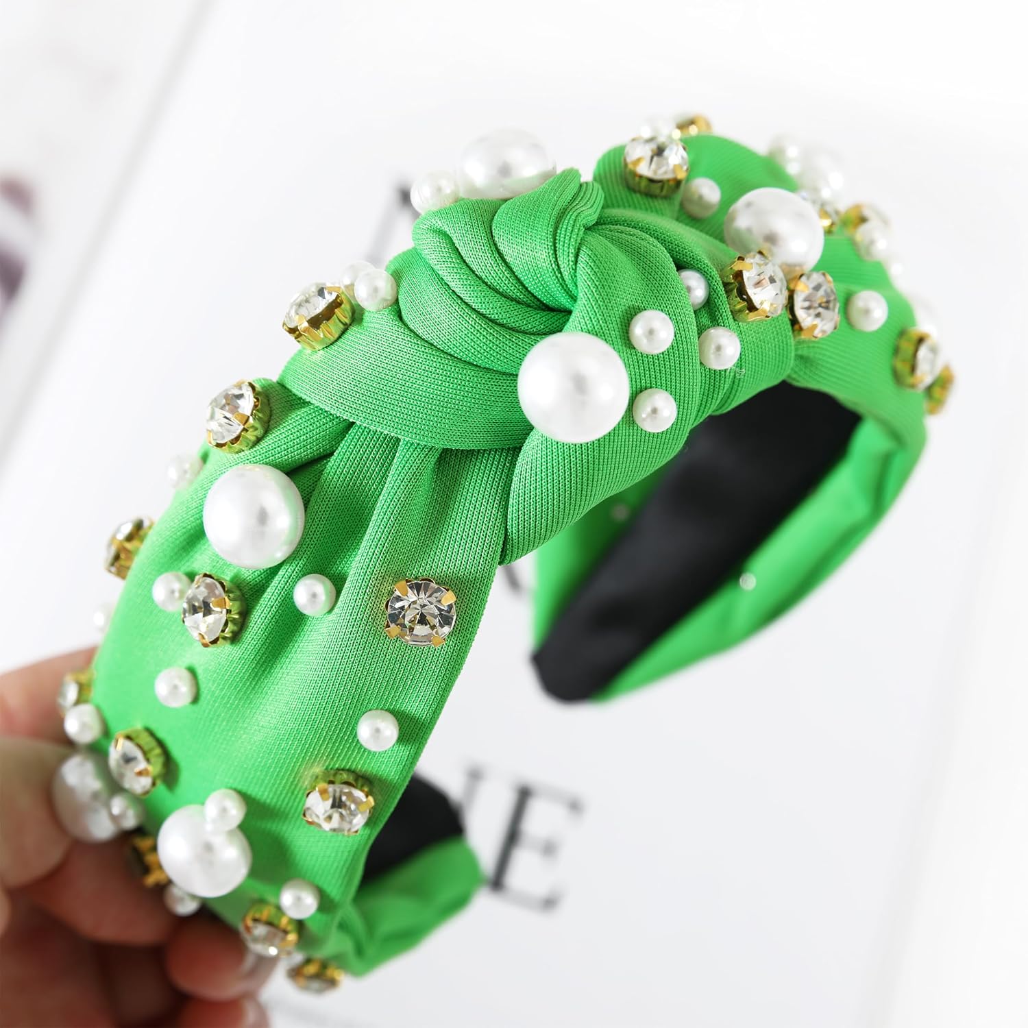 Pearl Knotted Women Headband Sparkle Rhinestone Jeweled Headband Wide Knot Crystal Embellished Hairband Fashion Women's Hair Accessories Green