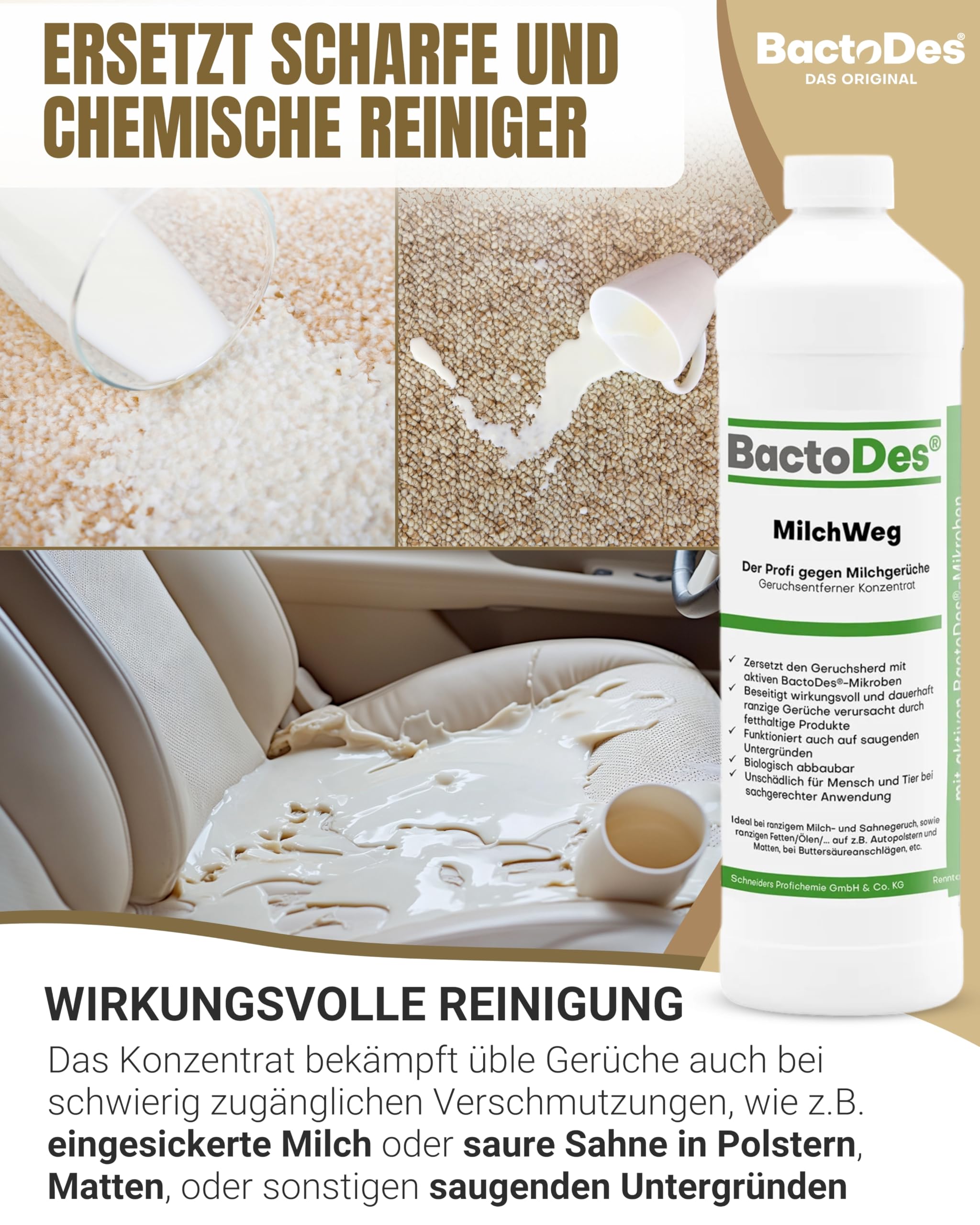 BactoDes - MilchWeg spezial Geruchsneutralisierer 2L Konzentrat mit Spray-Mischflasche - Enzymreiniger mit BIO Mikroben-Wirkung gegen Milchgeruch - Ranziger Fettgeruchsentferner für Sahne, Fett, Öl