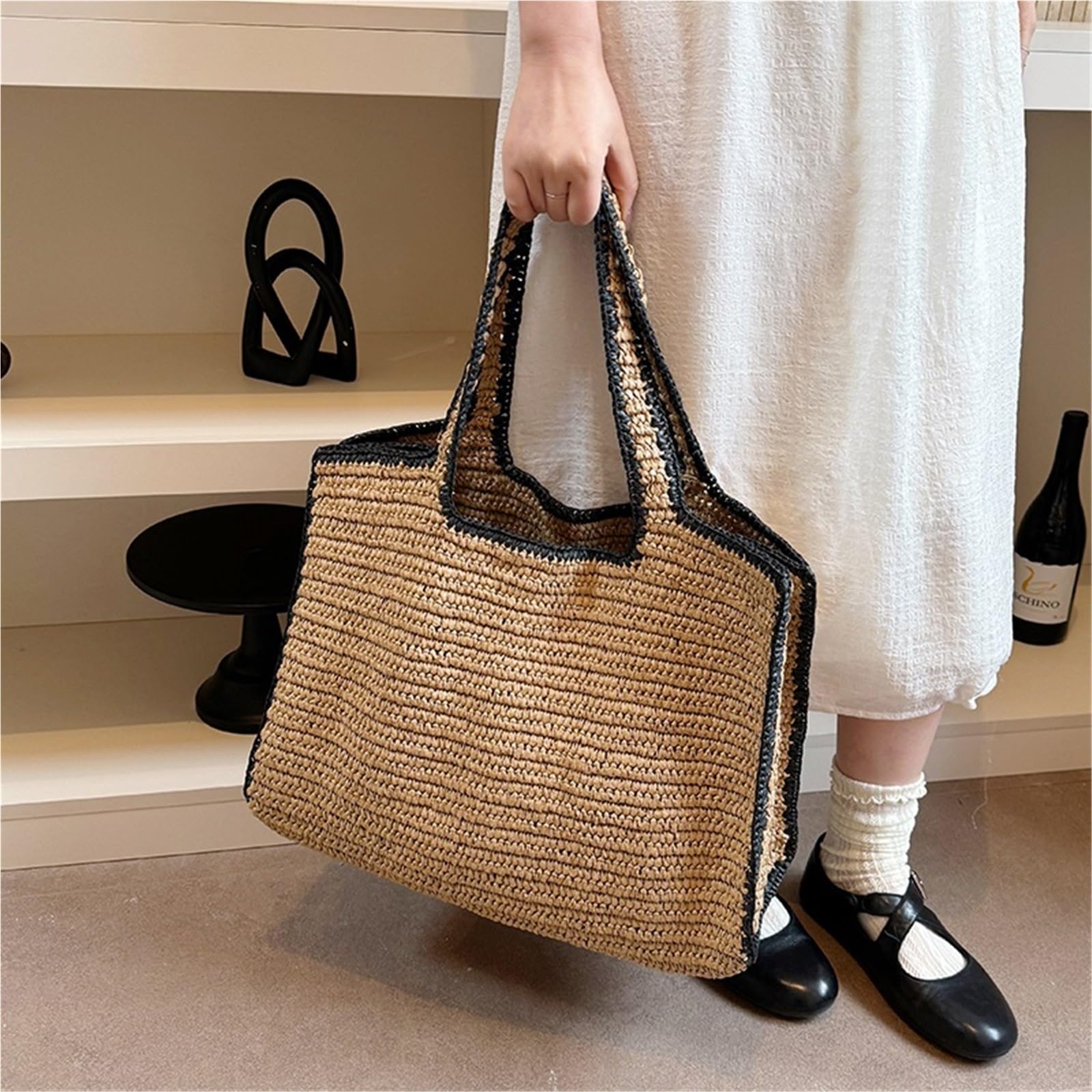 borsa donna estiva Borse da spiaggia for donna a mano in paglia Borsa a tracolla di grande capacità con manico superiore