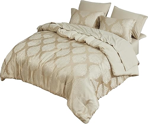Miniatura 9 de Chezmoi Collection Juliette - Juego de edredón de 7 piezas en una bolsa, tamaño King, juego de edredón jacquard de medallón de lujo con sábanas para