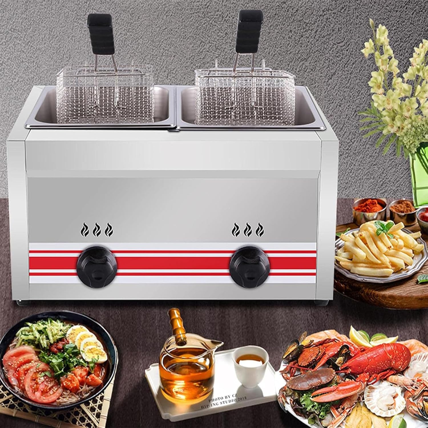 Commercial Dual Tank Deep Fryer, Large Capacity Multi-Function Gas Fryer with Basket, Stainless Steel Kitchen Fat Fryer, for Chips French Fries, for Restaurant Home,10L