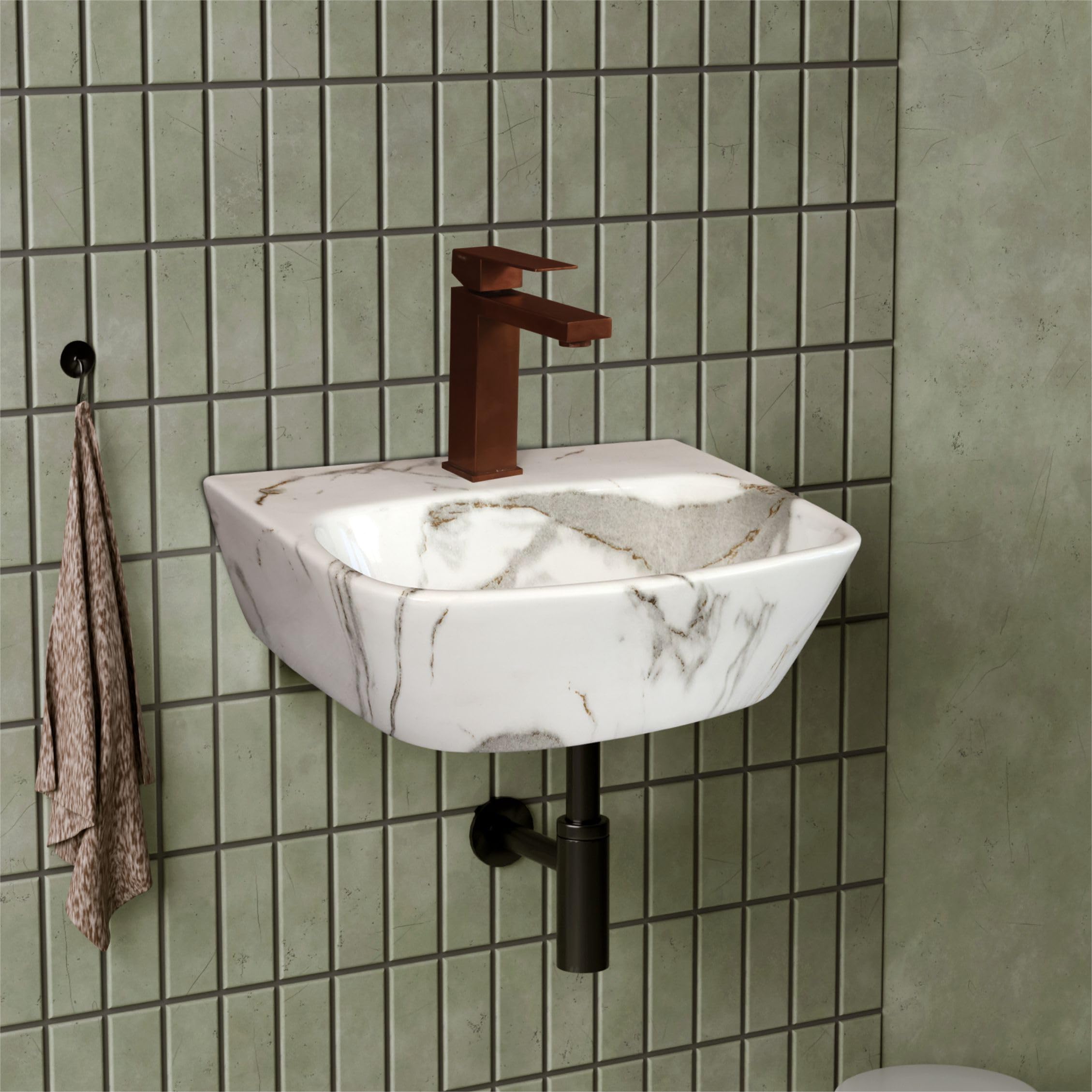 HISRE Wall Mount Wash Basin 17 x 12 x 5 Inch | White Grey Marble Finish Ceramic Sink | Modern Rectangular Bathroom Basin for Home, Office, and Hotels, photo 2 of 5