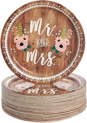 BLUE PANDA Platos de papel rústicos para despedida de soltera, estilo campestre, Mr & Mrs, 9 pulgadas, paquete de 80, color rosa, platos para