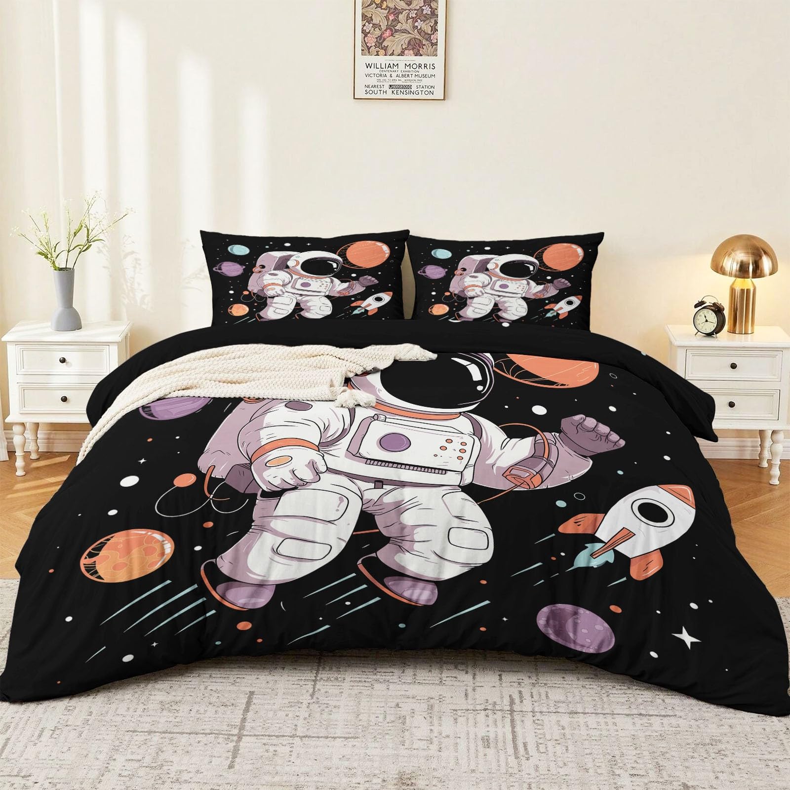 Nowoczesna poszewka na kołdrę z kreskówki, fantazyjna, planeta, rakieta, astronauta, dwustronna, mikrofibra, poszewka na kołdrę, pojedynczy zestaw, przytulna, miękka, hipoalergiczna, nie wymaga