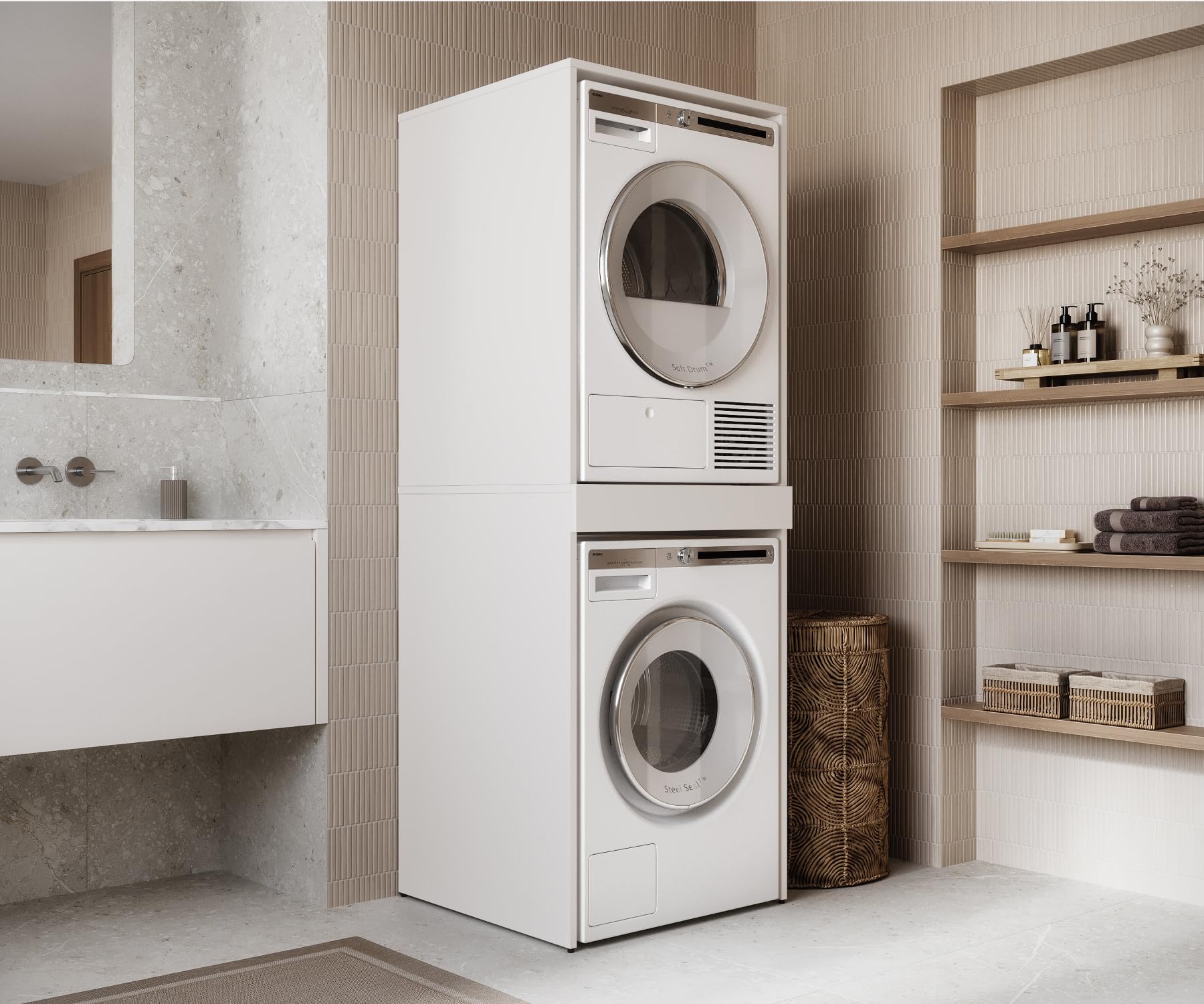 PLATAN ROOM Hochschrank Badschrank Waschmaschine Trockner Schrank Waschmaschinenschrank für Waschmaschine & Wäschetrockner Überbauschrank 187 x 65 x 66 cm Badregal (Weiß, 66 cm breit)