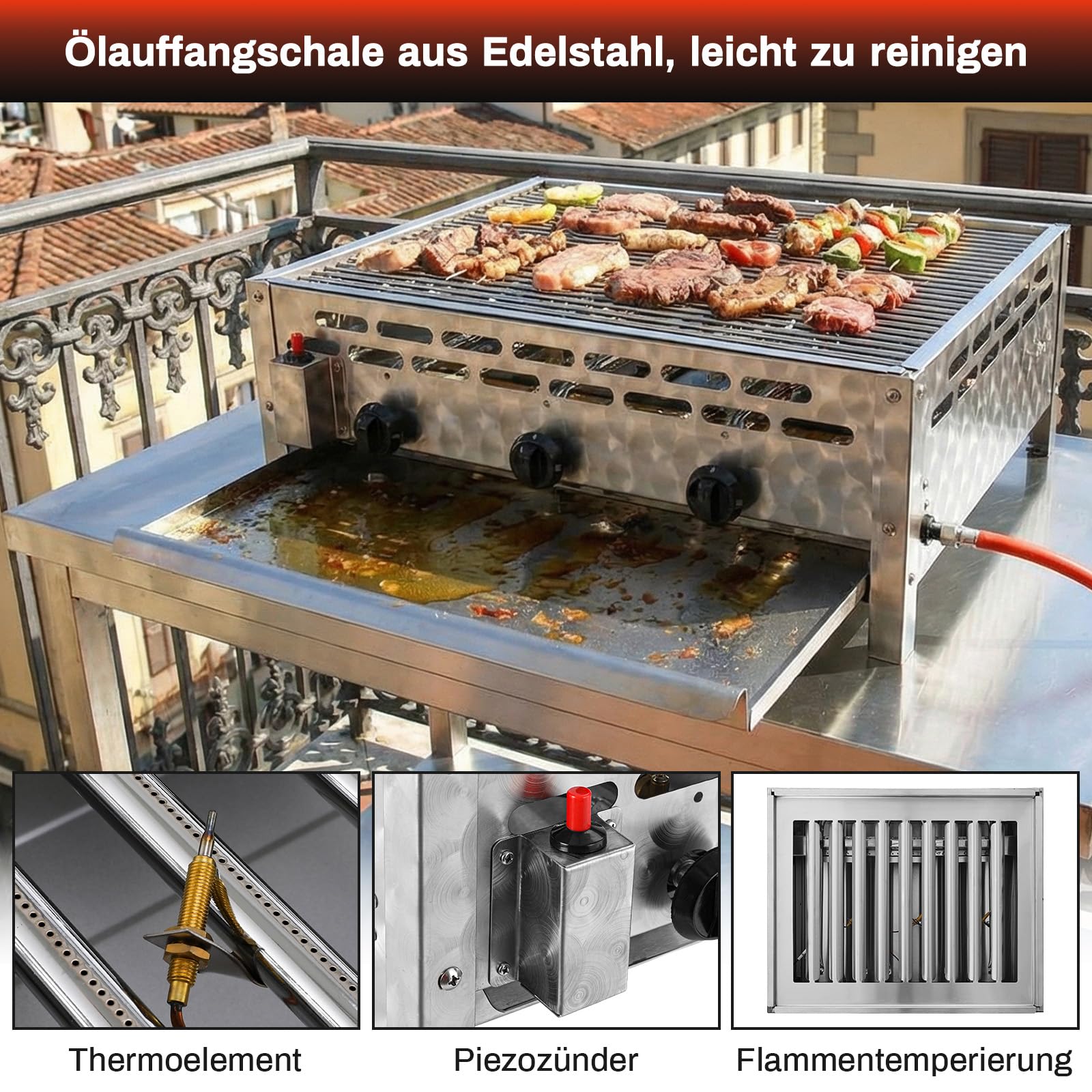TLSUNNY Edelstahl Gasbräter 3-flammig 12 kW, Profi Gasgrill, Gastrobräter gas mit Grillrost, Tischgasgrill für Gastronomie, Outdoor, Garten, Wurstbrater, 59.5x48 cm Grillfläche, 4 PCS Füße