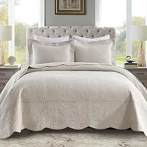 MarCielo 3-Piece 100% Cotton Oversized Bedspread Lightweight Quilt Coverlet Embroidery Farmhouse Bedding Set (TG Yellowish Beige, Oversized Queen (100"x106"))