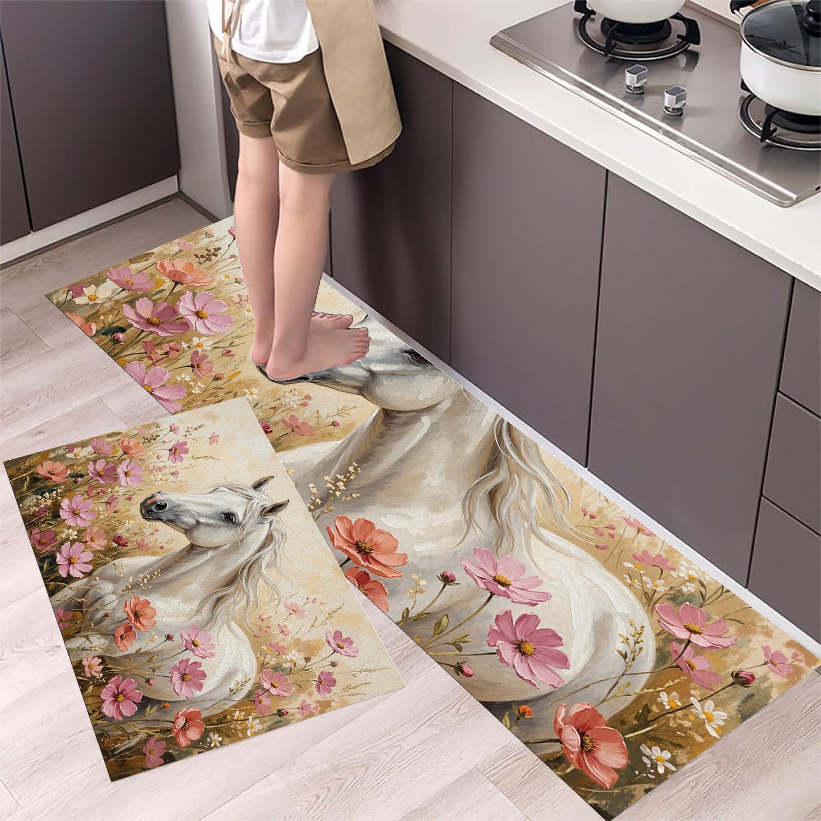 Alfombra de cocina de pintura al óleo realista en set de dos tapetes rosas