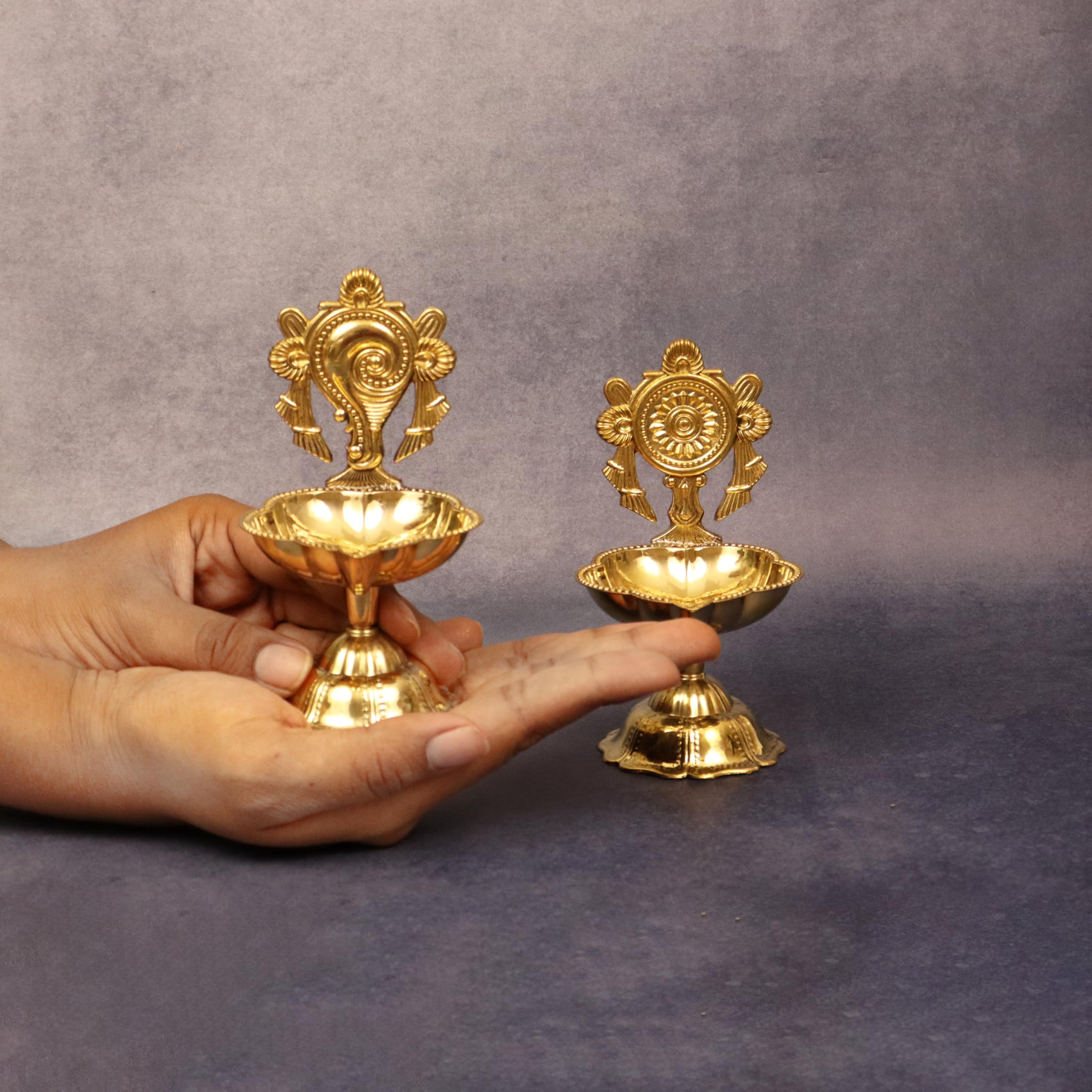 Spillbox Brass Diya for Puja | Pooja Aarti | Arti Deepak Deepam Oil Lamp for Home Temple Puja Articles Decor Gifts - Shanku Chakra Star Diya Set , Medium, Gold