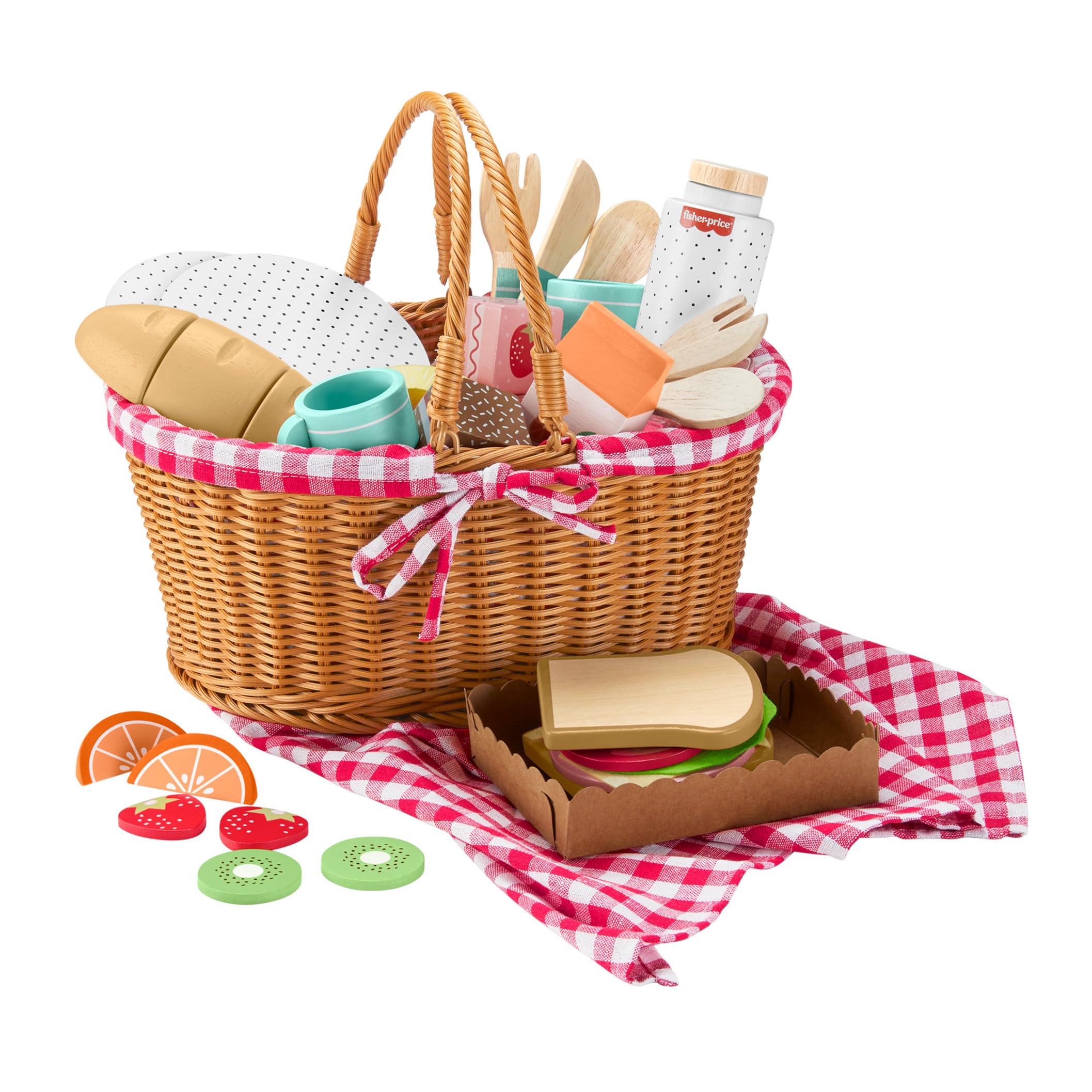 Fisher-Price Juego de cesta de pícnic de madera con comida, juguete de preescolar de imitación con 31 artículos, para niños y niñas a partir de 3 años, HXT81