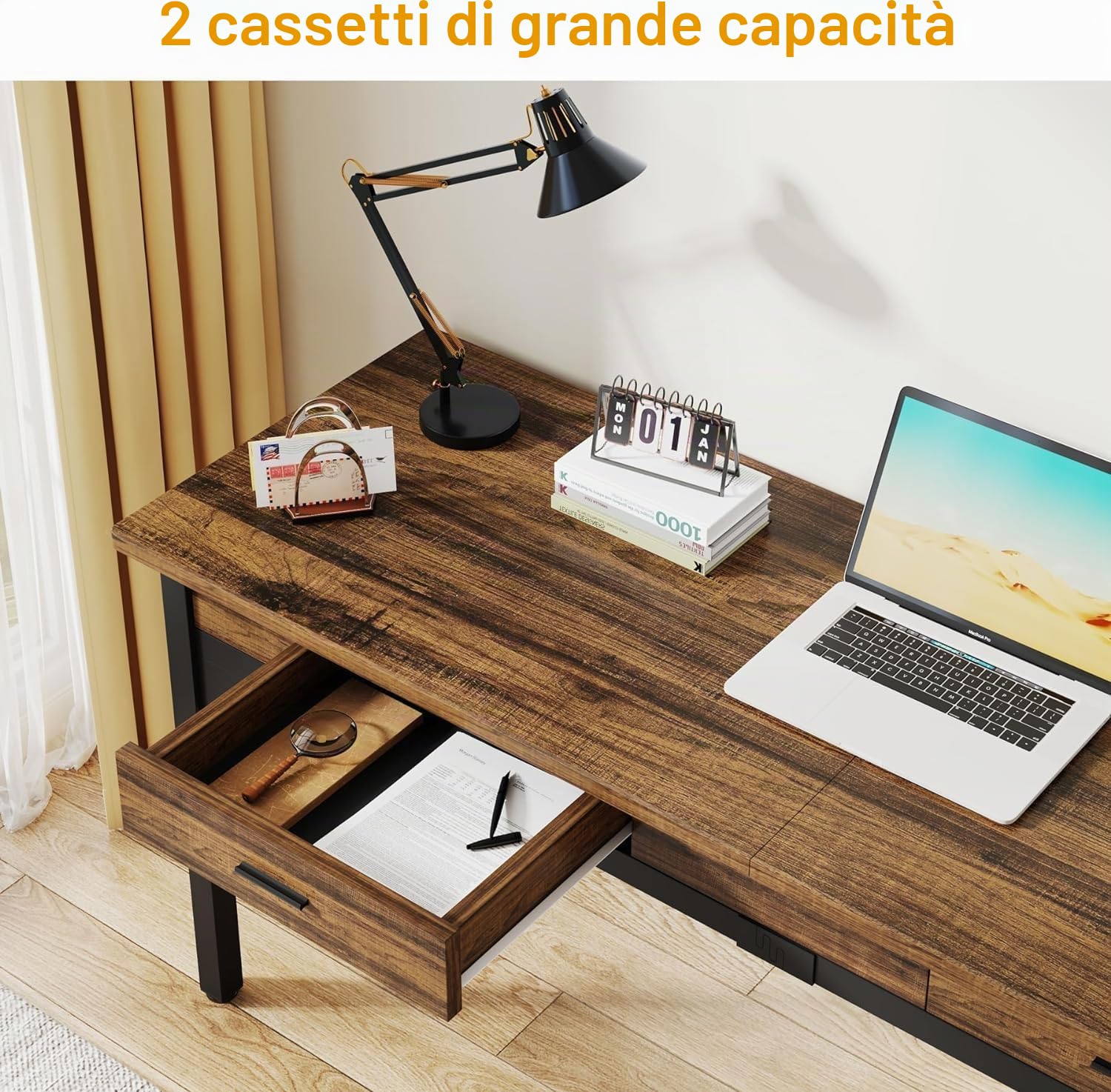 Lailang 200cm Scrivania Computer, Tavolo Ufficio Riunioni, Scrittoio Vintage, Scrivania Con Cassetti, Scrivania Per Due Persone, 200 x 60 x 82 cm, Marrone Rustico