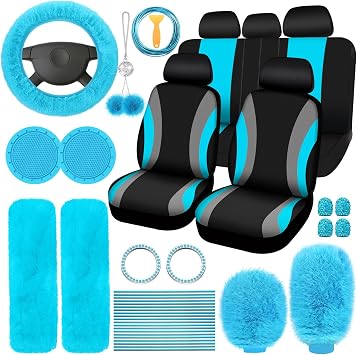 ROCEEI 43 Pcs Car Seat Cover Full Set for Women Christmas Fuzzy Car Accessories Fluffy Steering Wheel Cover Front Rear & Belt Handbrake Shift Accessory for Winter Lake Blue