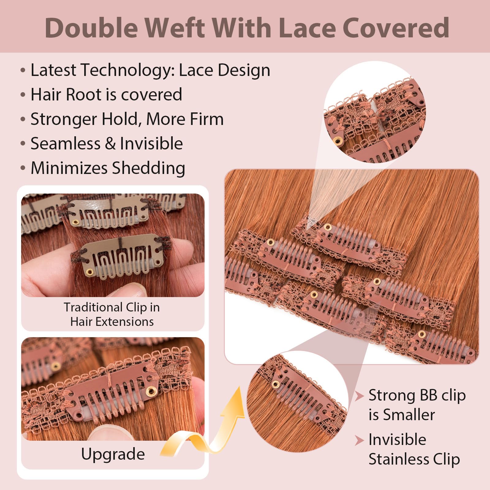 Silk-co Clip in Hair Extensions Real Human Hair Extension Double Weft With Lace Coverd Clip in Silky Straight 100% Natural Very Thin Highlight efffect for Women 6PCS 6Clip 14Inch #33 Dark Auburn 36g - Image 2