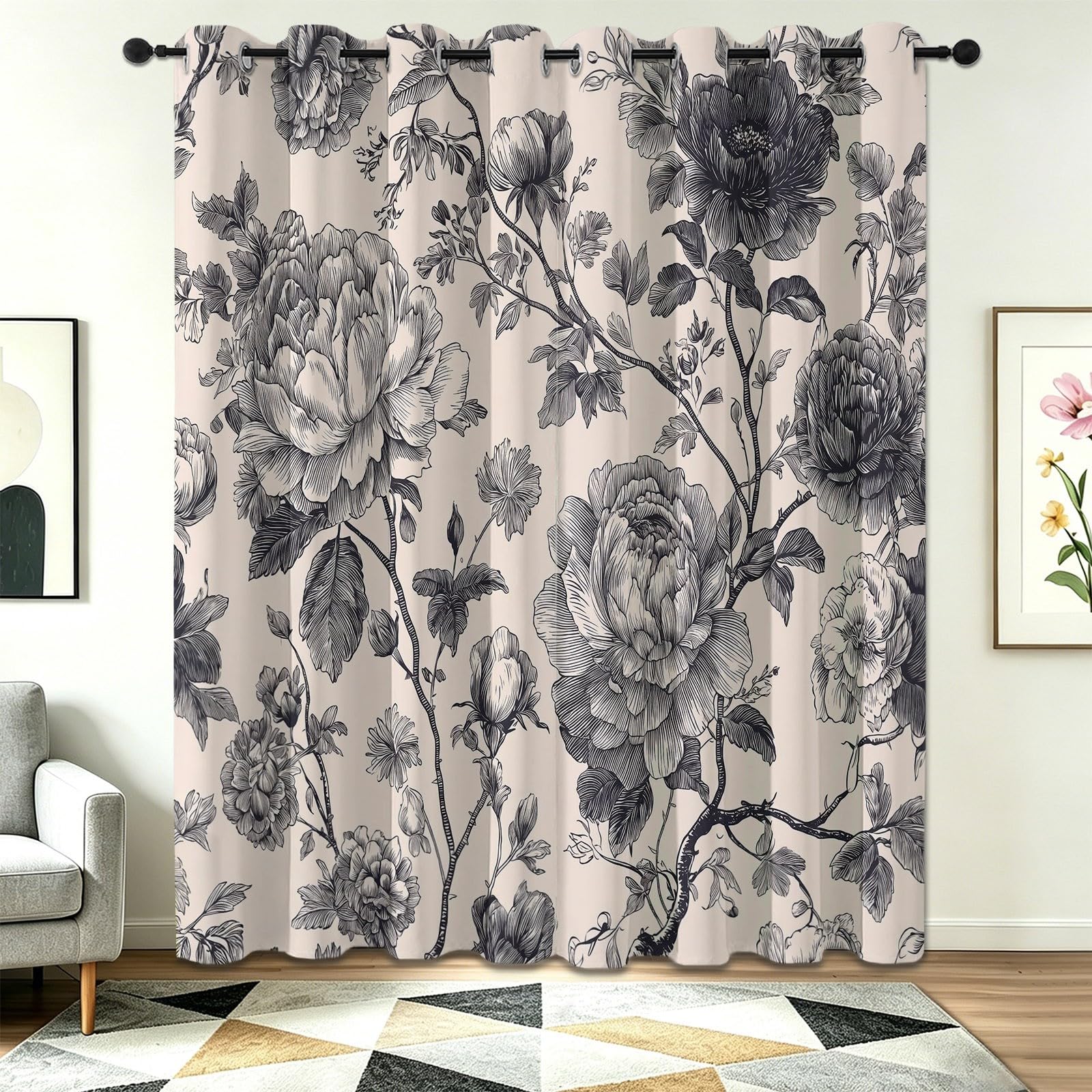 Rideau occultant anti bruit et froid gris 110x215 à oeillets fleuri