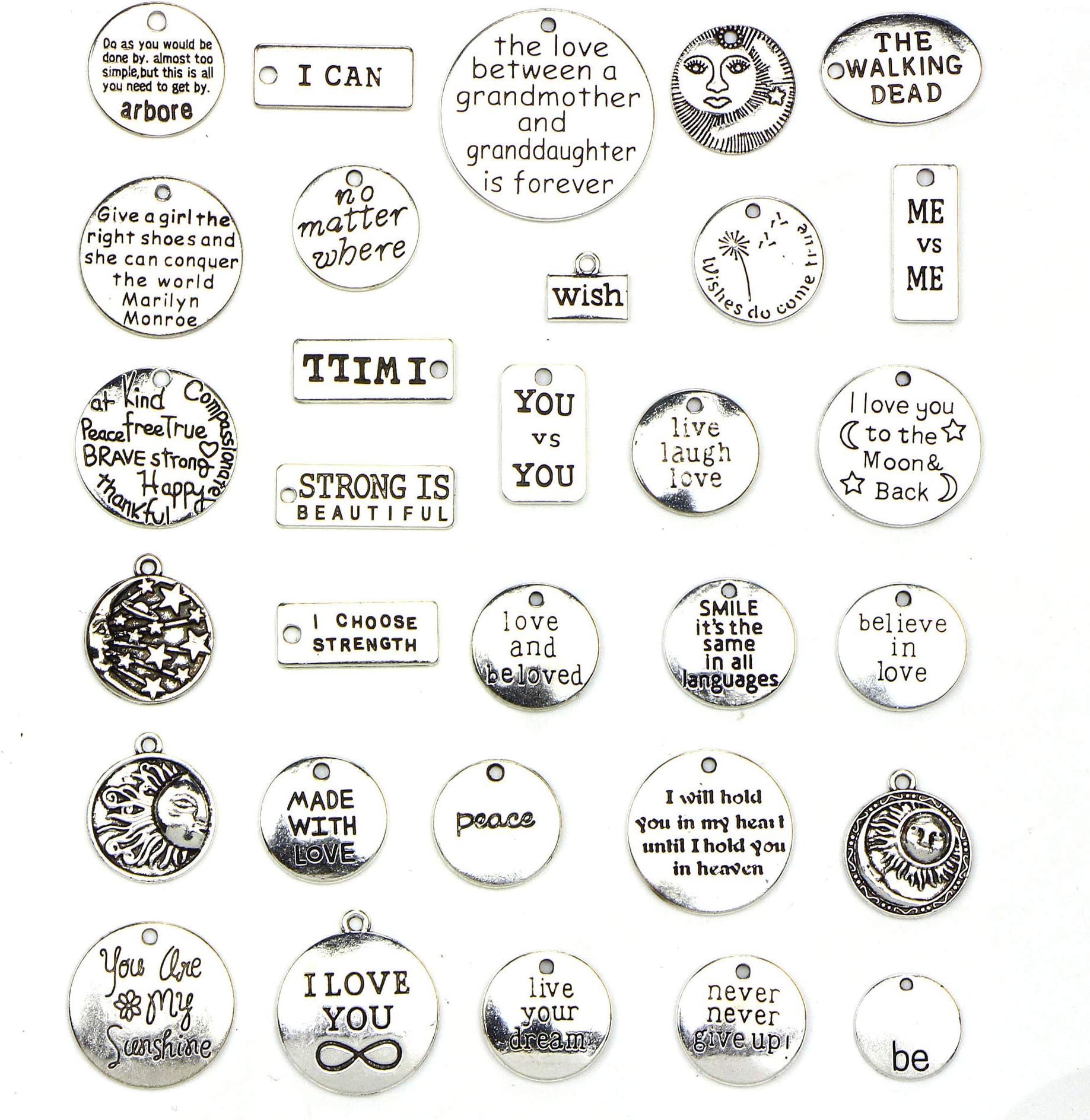 Dstertech 31 PCS Inspiration Word Charms Collection - Antique Silver Round Rectangle Inspiration Words, Metal Pendants for Necklace, Bracelet, Craft Jewelry Making DIY Findings