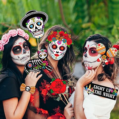 Miniatura 6 de HOWAF Dia De Los Muertos - Kit de accesorios para cabina de fotos del Día de los Muertos, diseño de calavera de azúcar para decoración de fiesta