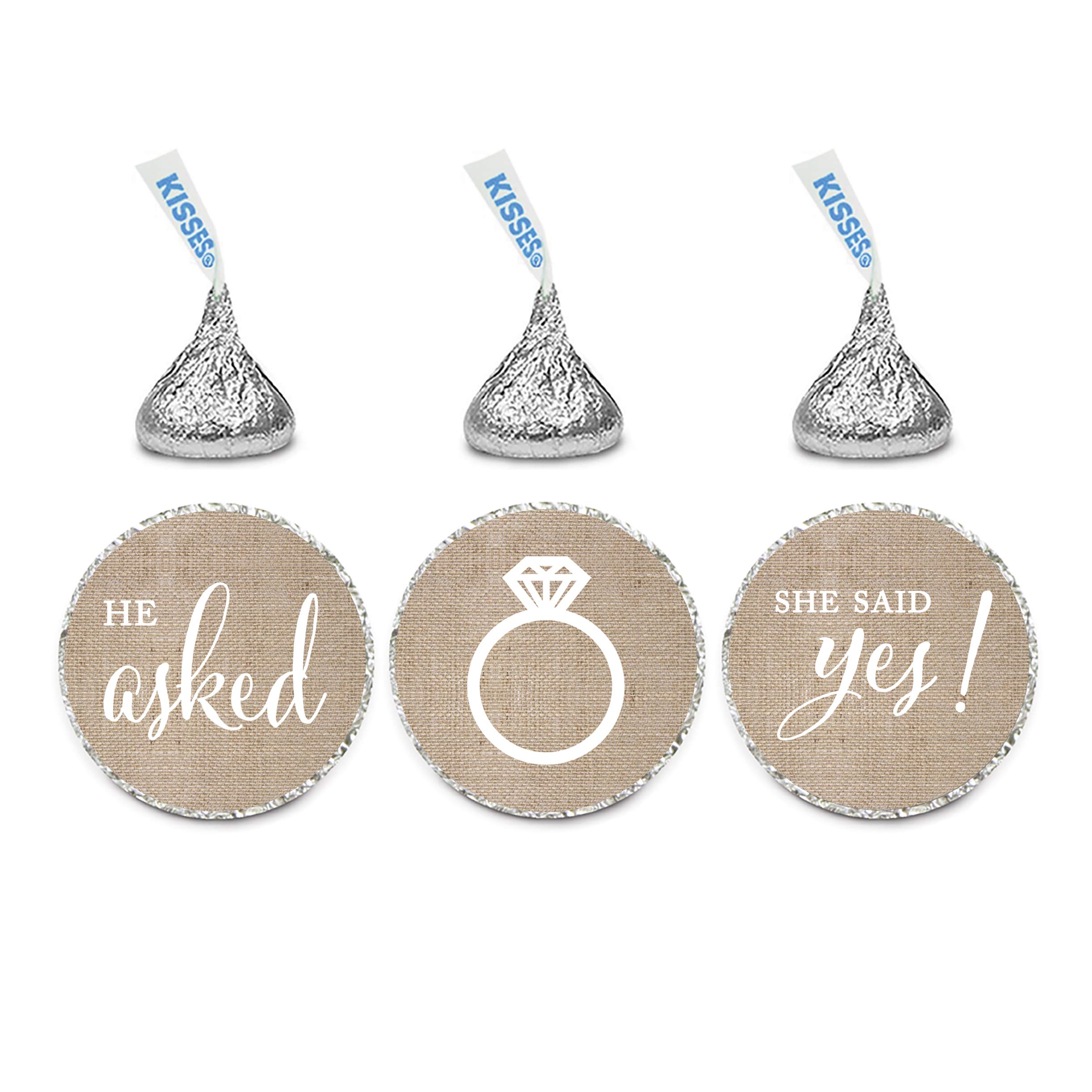 Andaz Press Chocolate Drop Labels Stickers, Wedding He Asked She Said Yes!, Burlap Print, 216-Pack, for Bridal Shower Engagement Kisses Party Favors