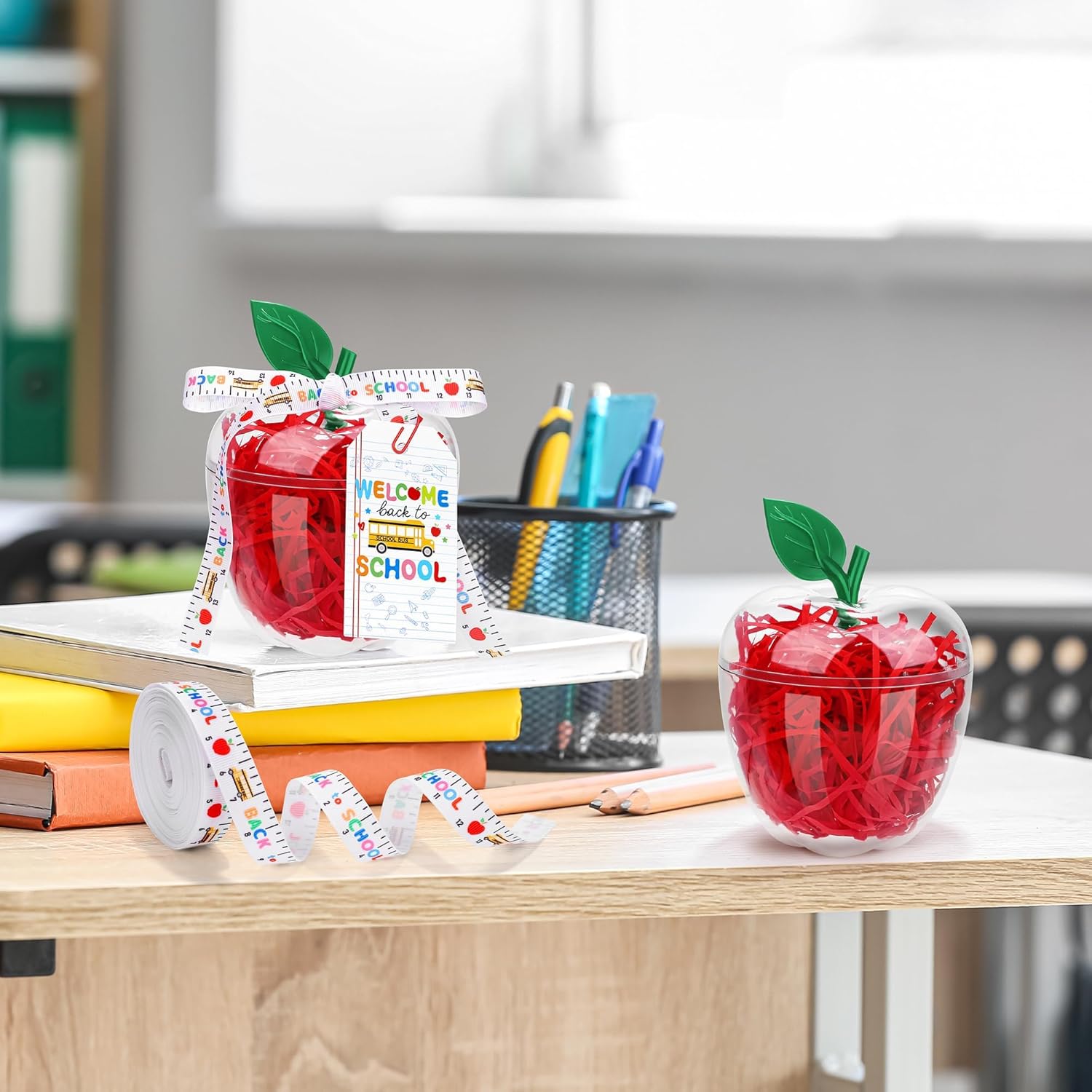 Aneco 12 Pack Back to School Large Clear Apple Container for Teachers Plastic Candy Toy Filling Container Jar with Cards Paperclips Raffia Teacher Appreciation Gift Boxes Wedding Party Decorations
