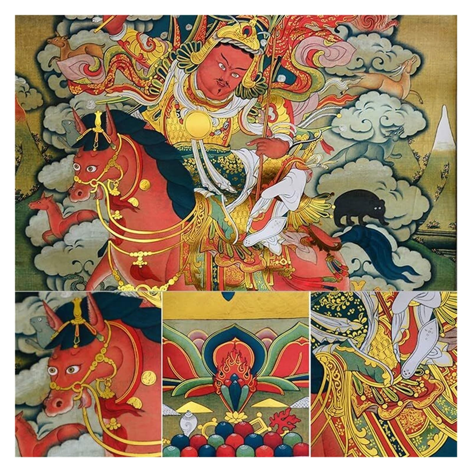 Thangka-Gemälde, tibetisches Thangka, Thangka-Gemälde, buddhistischer Wandteppich, König Gesar, tibetische Thangka-Malkunst, buddhistischer Thangka-Brokat, Buddha-Wandteppich mit Schriftrolle(Beige,La
