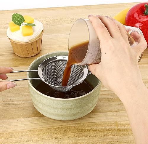 Miniatura 5 de Paquete de 3 coladores pequeños de acero inoxidable 304 de malla fina para cocina, tamiz Matcha con mango para té, café, cócteles, harina, jugo