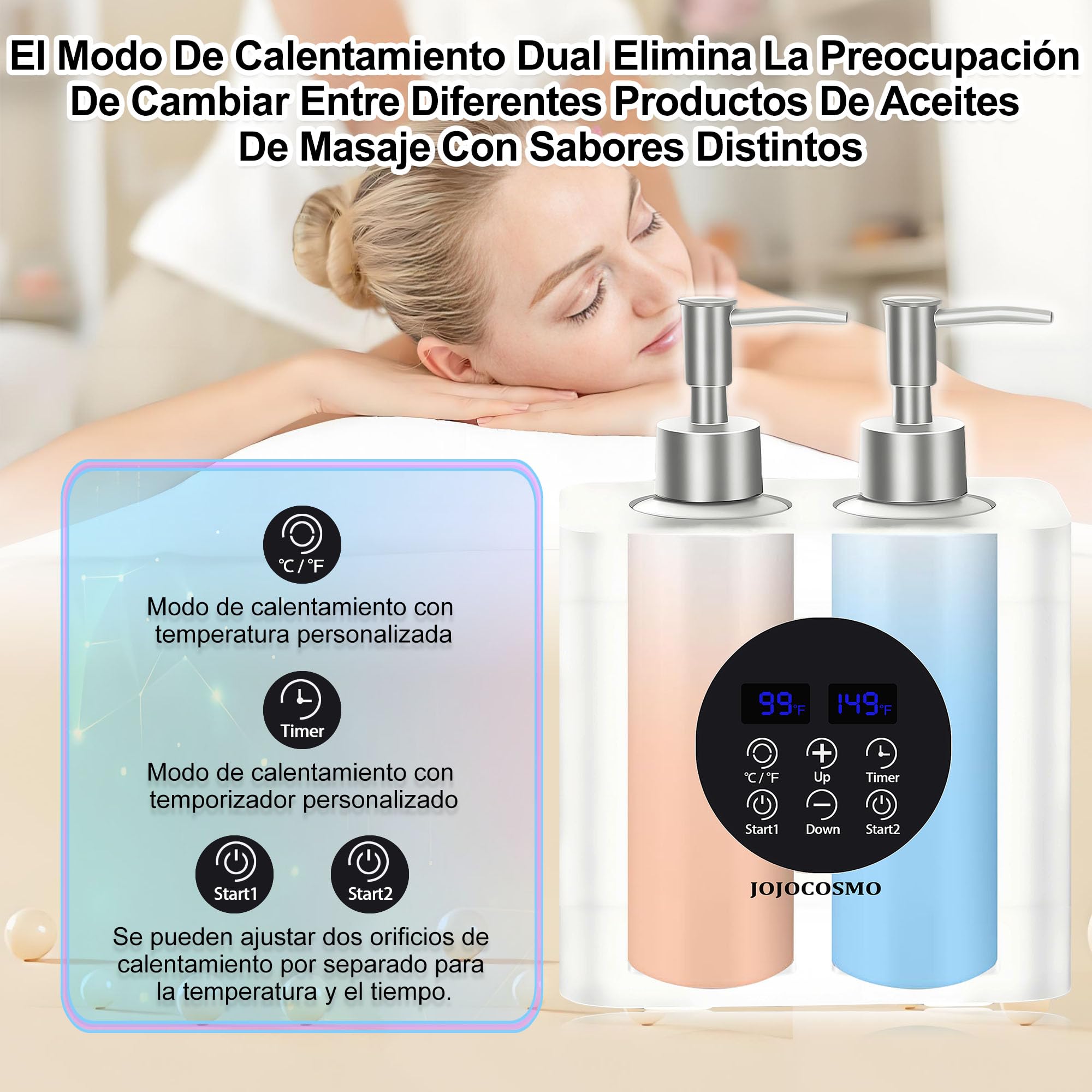 Calentador de aceite de masaje de dos botellas con cuatro botellas calefactadas, calor continuo de 30 a 65 °C,calentador para botellas de loción,adecuado para salones de belleza