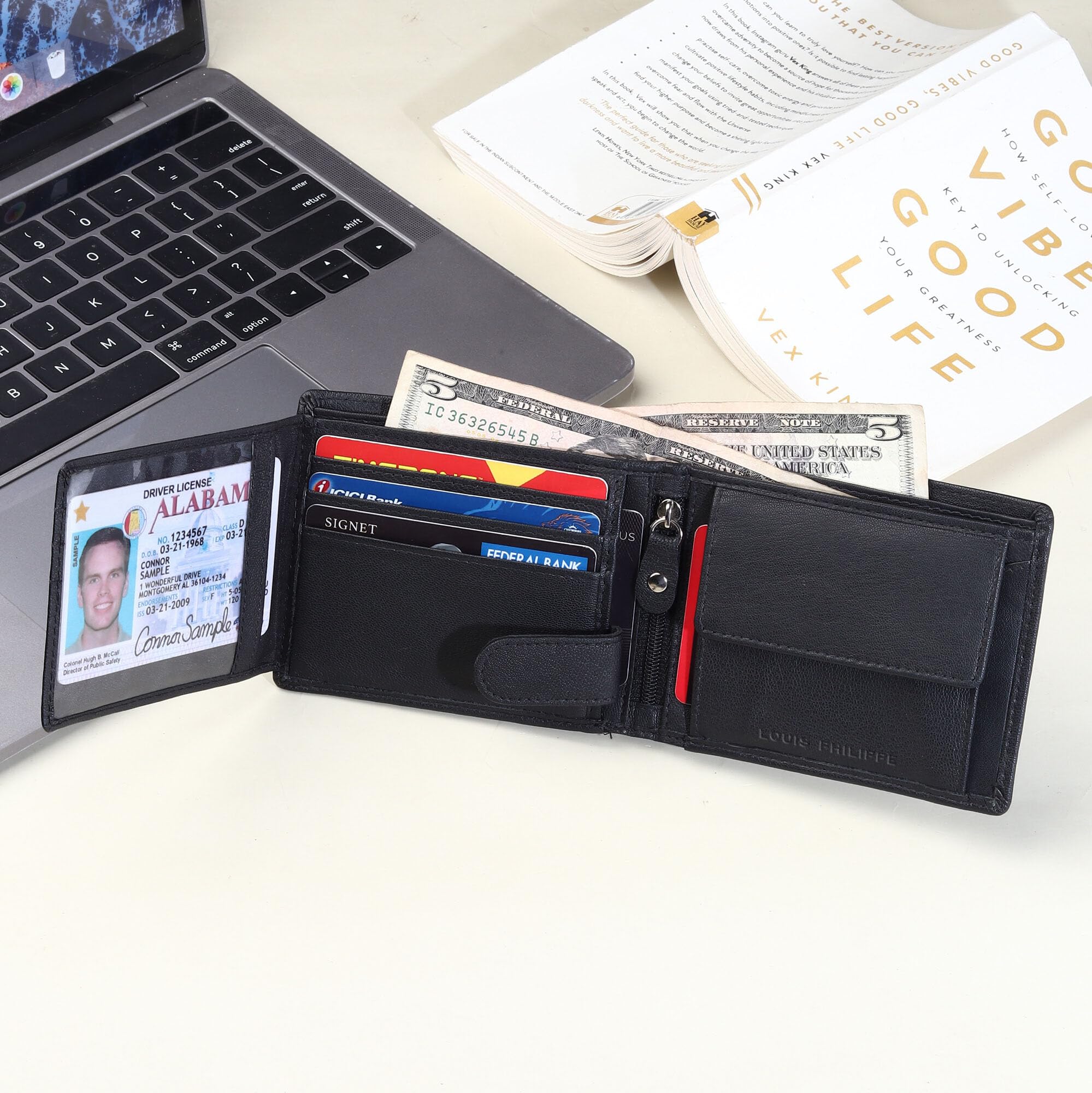 Louis Philippe Wallet for Men Slim Sleek with Additional ID Card Slot  Genuine Leather Purse (Black)