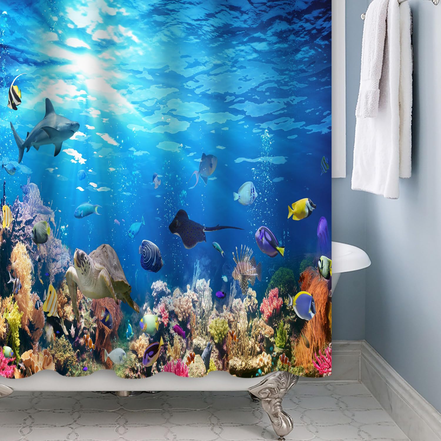 Cortinas De Ducha Con Delfines, Juego De Cortinas De Ducha Del Mundo Submarino Del Océano Azul, Cortinas De Ducha De Coral Con 12 Ganchos, Cortinas Impermeables De Tela De Poliéster Para Decoración