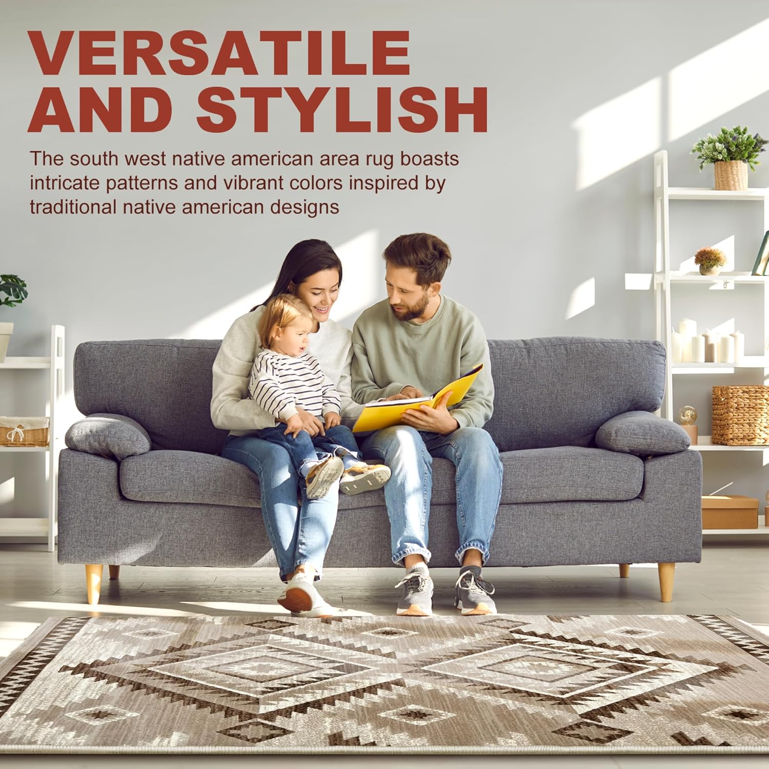 YHSF South West Native American Rug Ritz – Native Tribal American Indian Inspired Rug - Living Room, Bedroom, Hallway, Entryway & High-Traffic Area Rugs - Washable - Soft - Mocha, 8 Feet x 10 Feet