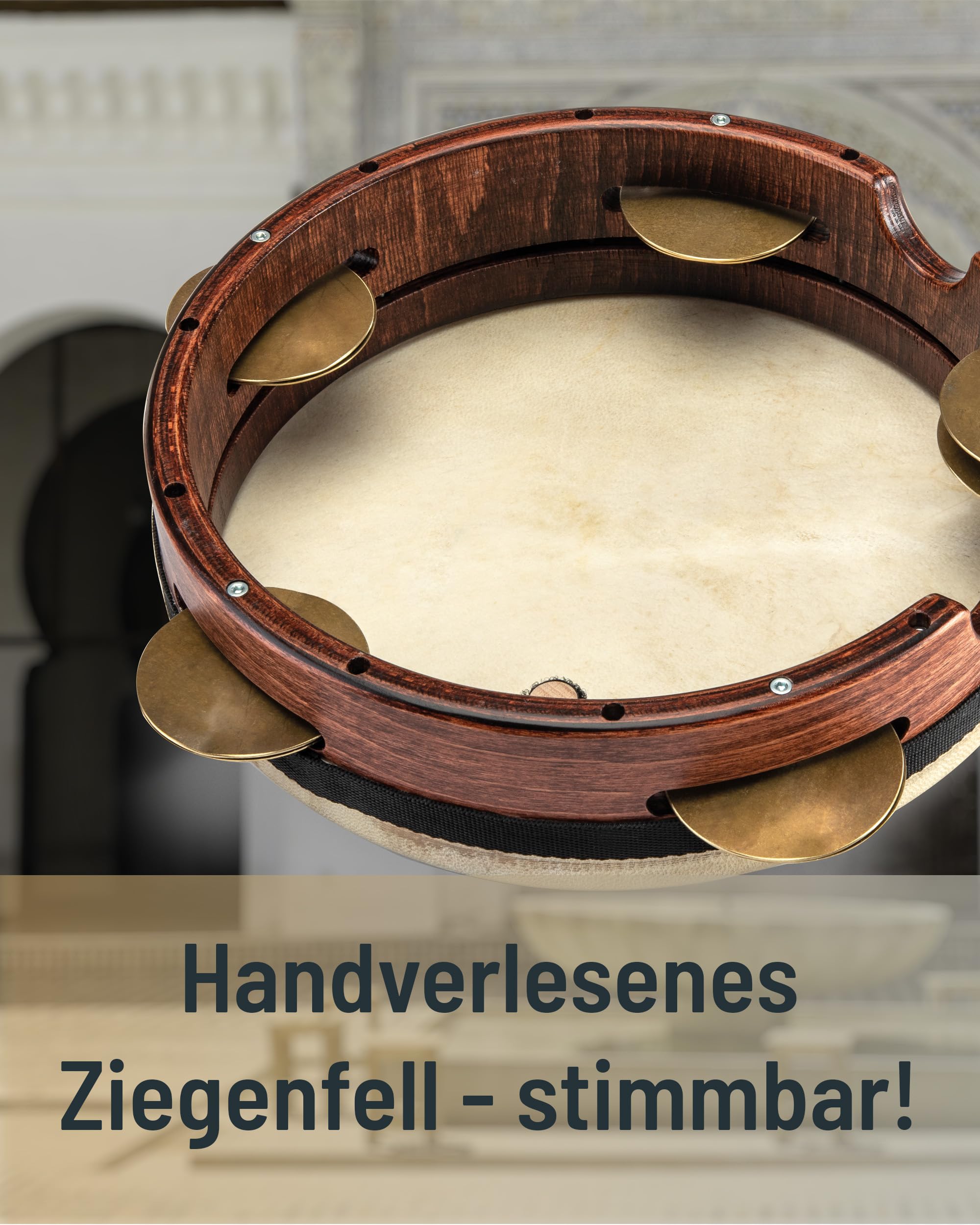 Schlagwerk RTRIQ RIQ Rahmentrommel Traditional Handtrommel mit Schellen - ⌀ 25 cm / 10 Zoll - Ziegenfell, ähnlich Tambourin, stimmbar - Buchenholz - arabische Riqq, Orient Trommel Made in Germany
