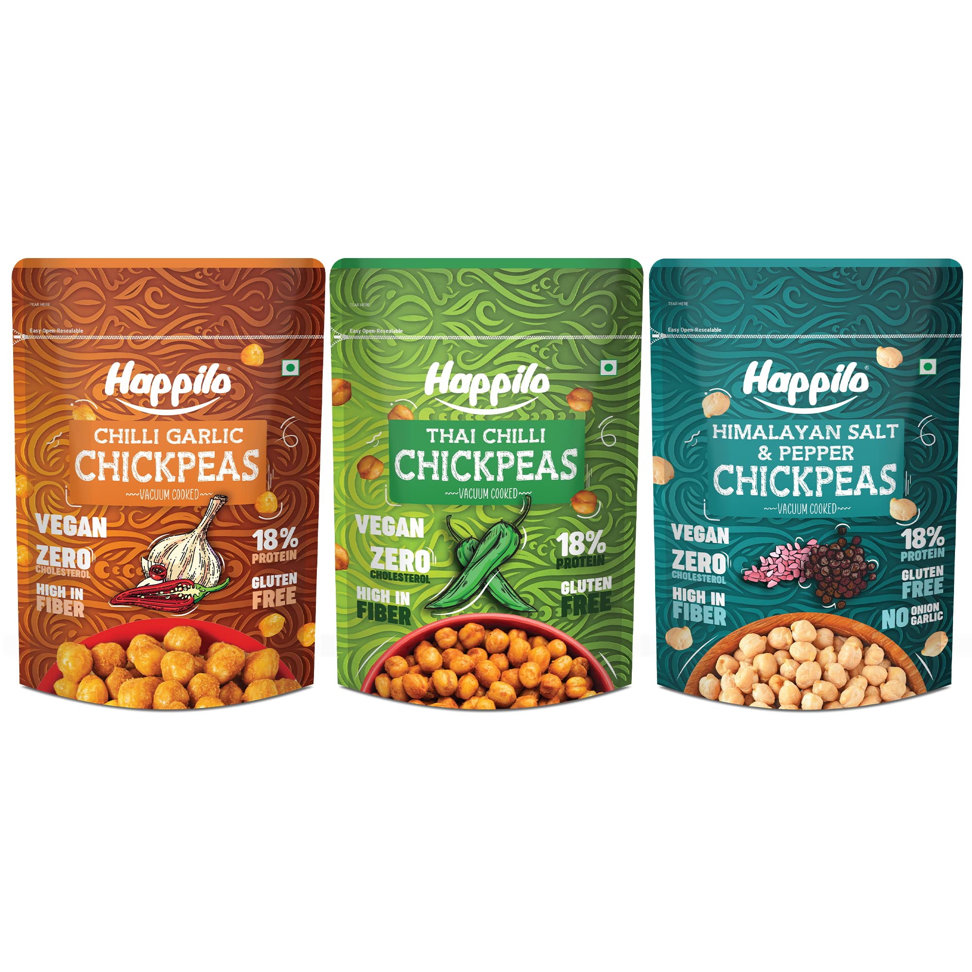 Happilo Chickpeas Power Combo Snack 110g Each, Chili Garlic Chickpeas, Thai Chili Chickpeas, Himalayan Salt & Pepper Chickpeas
