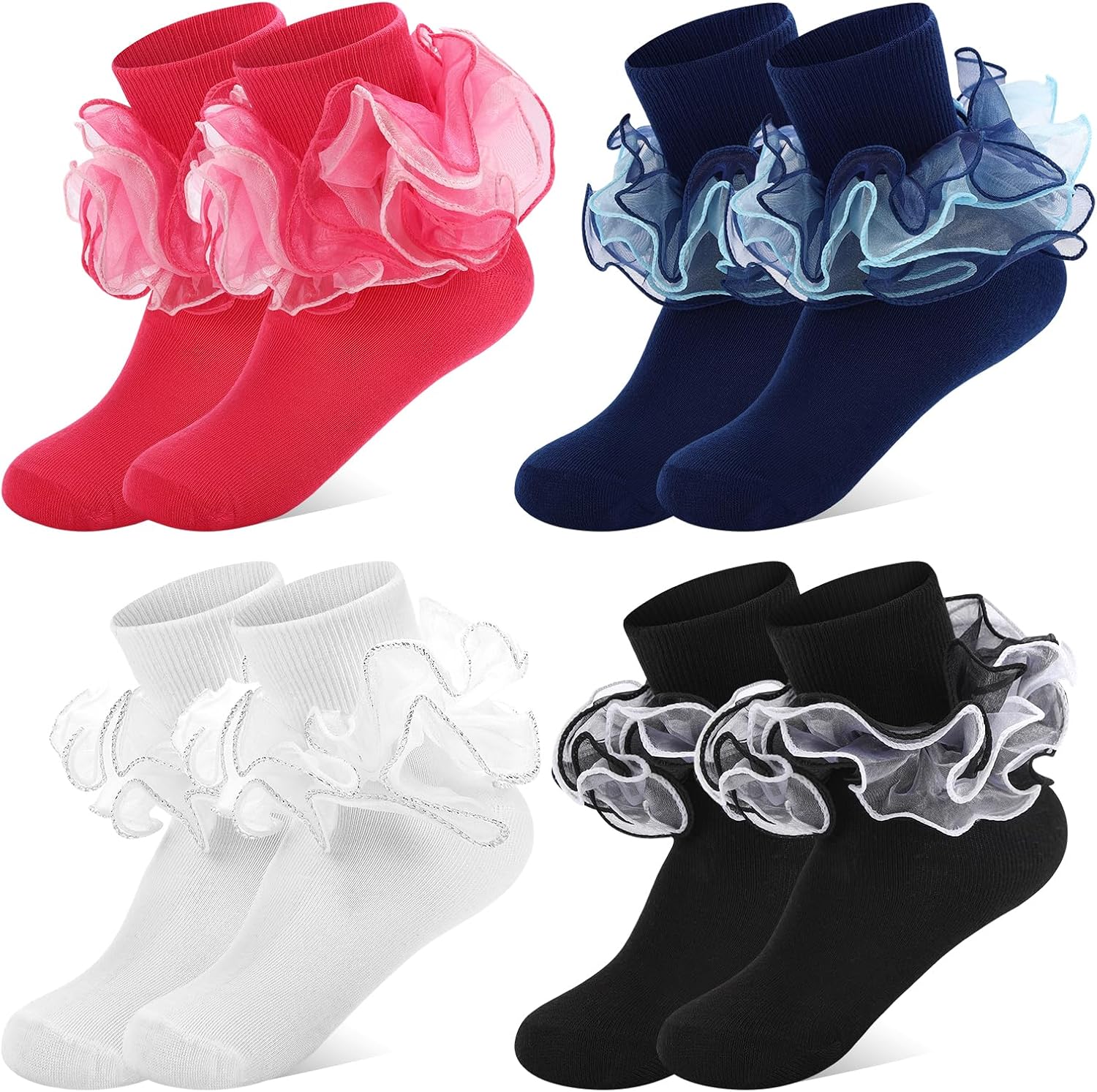 4 Pairs Girls Big Ruffle Socks 2/4-Layer Lace Frilly Dress Socks Turn Cuff Cotton Fancy Sock for Girls Little Kids