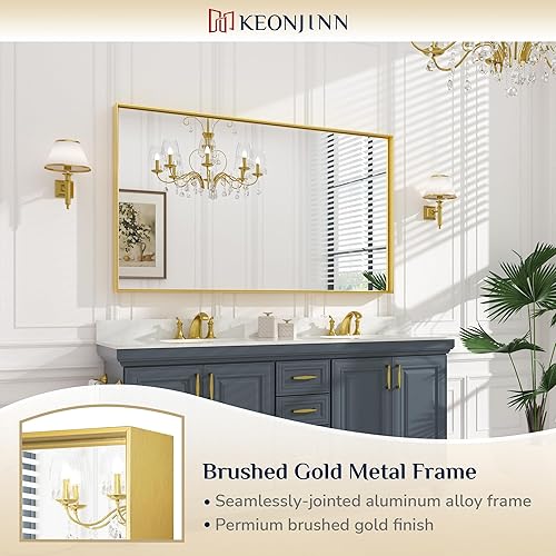 Miniatura 394 de Keonjinn Espejo de baño dorado de 48 x 36 pulgadas, espejo rectangular con marco de metal dorado cepillado, espejo de pared grande rectangular