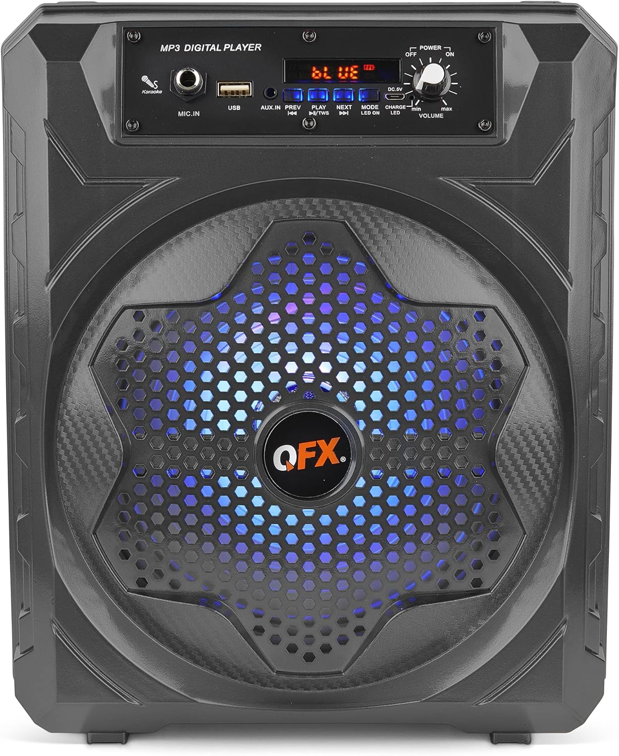 QFX BT84 Altavoz portátil recargable Bluetooth con luces