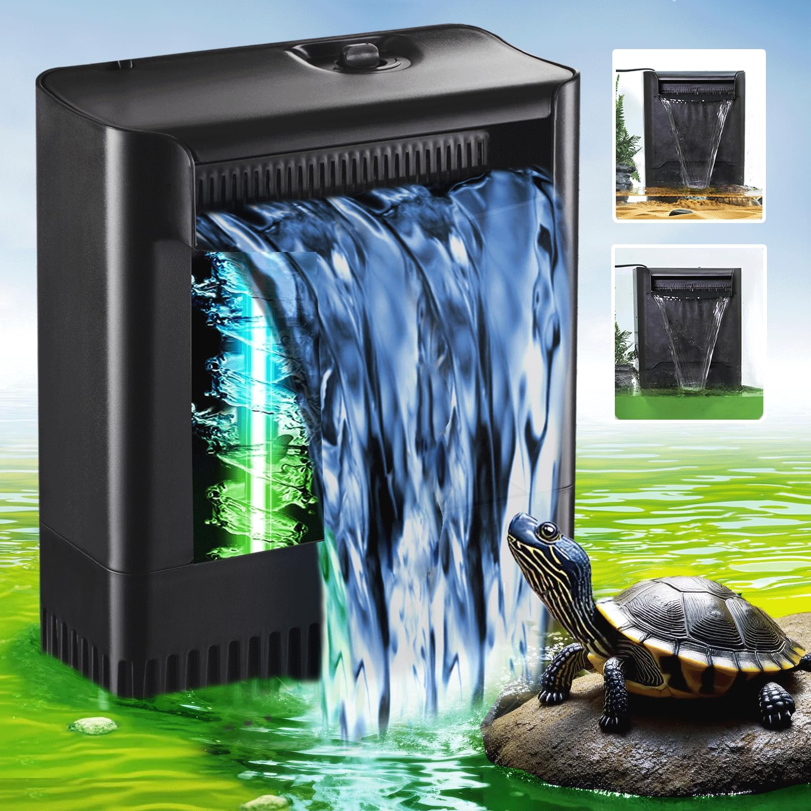 Large Powerful Turtle Tank Filter U V-ery for 55-155 Gallon Tank, Low Water Filter Turtle Water Filter for Amphibians Fresh Saltwater Cloudy Green