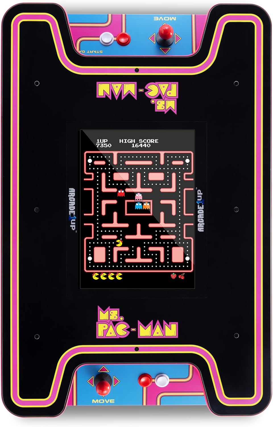 Shora dolů view of the Arcade1Up Ms.PAC-Man Head-to-Head Arcade Machine showing the game screen and control panels for two players
