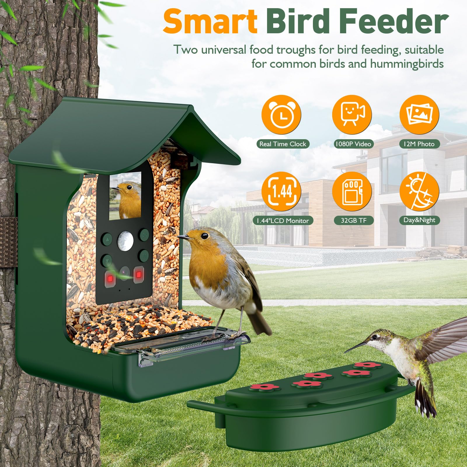 Vogelhaus mit Kamera Vogelhaus Kamera: 1080P HD Vogelfutterhaus mit Kamera Video Automatisch Aufnehmen Vogelhäuschen Kamera Nachtsicht Bird Feeder für Garten Draußen Vogelfutterspender - Grün