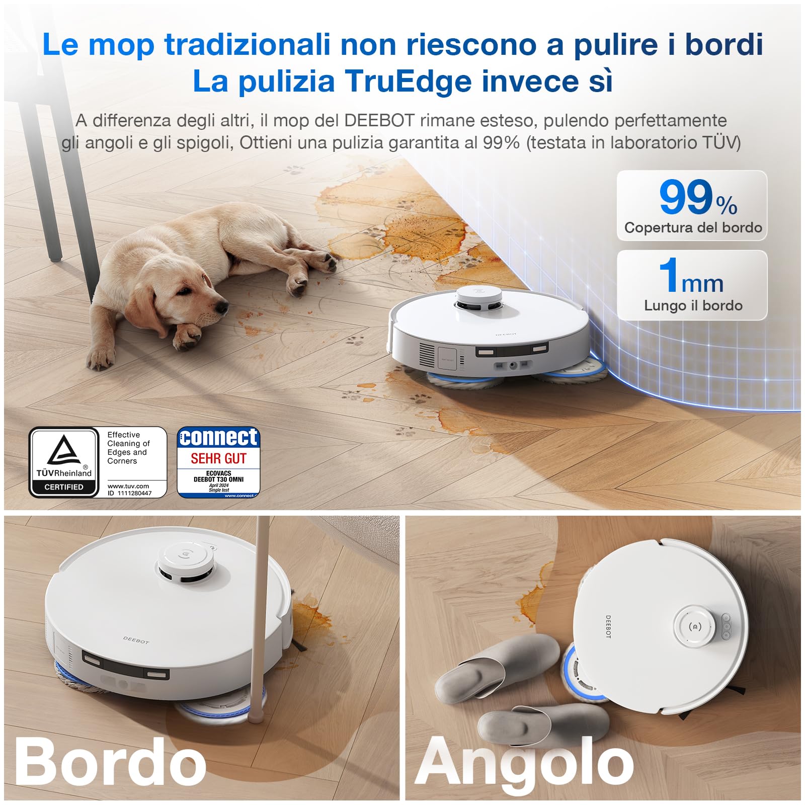 ECOVACS DEEBOT T30 PRO OMNI Robot Aspirapolvere Lavapavimenti con Mini Stazione Automatica Autopulente, Pulizia adattiva dei Bordi TruEdge, Spazzola Antigroviglio, 11000 PA, Lavaggio acqua calda 70℃
