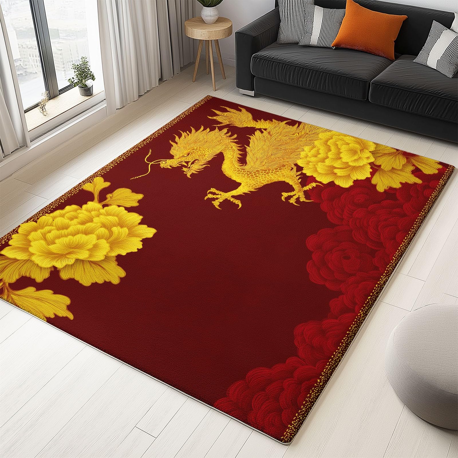 Tapis de salon oriental 160x230 cm rouge motif floral et dragon pour chambre