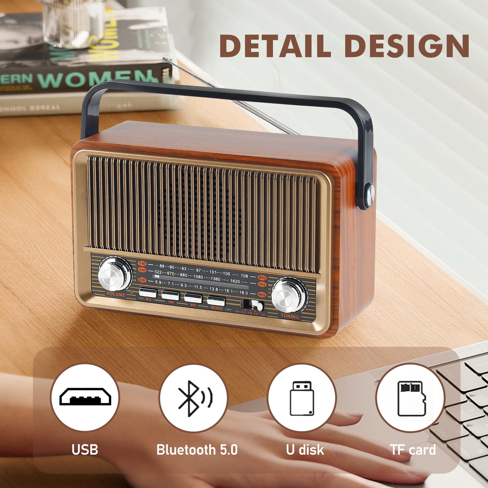 AM/FM/SW Retro Radio mit Bluetooth, Kofferradio mit 1200mAh Akku, Küchenradio Nostalgie Radio Klein, Vintage Radios, Unterstützt USB/TF/AUX Funktion, Einfaches Radios für Zuhause, Büro, Outdoor