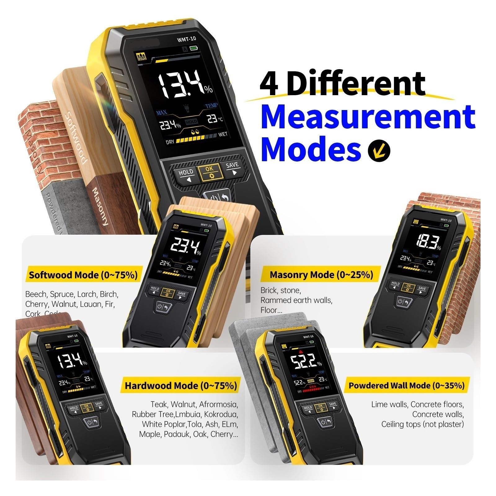 Medidor de humedad madera inductivo, higrómetro, detector pared sin contacto, medición no destructiva,Pruebas sin daños