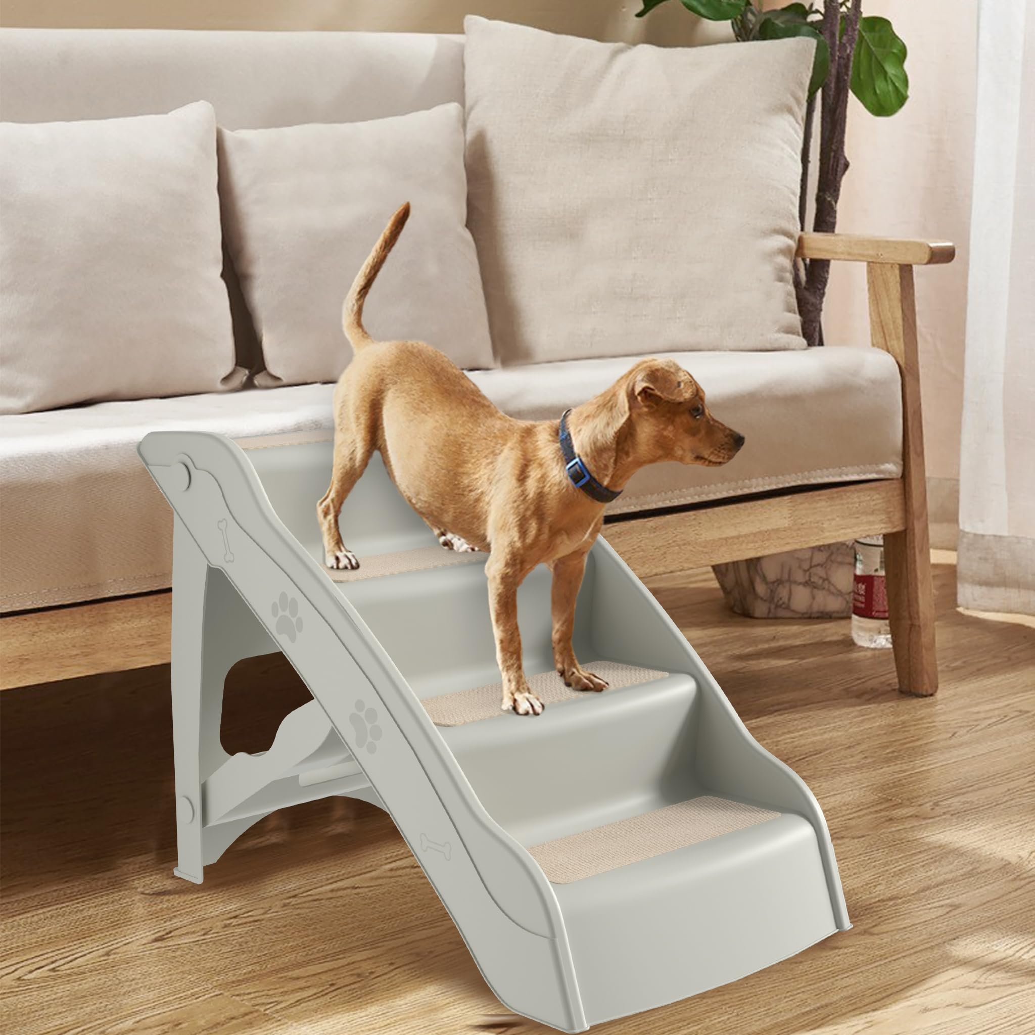 Aufun Escalera para perros de 4 niveles, para gatos de hasta 50 cm de alto, plegable, ideal para perros pequeños y grandes, cama o sofá, gato, cachorro, muebles para mascotas (gris, 1 unidad)