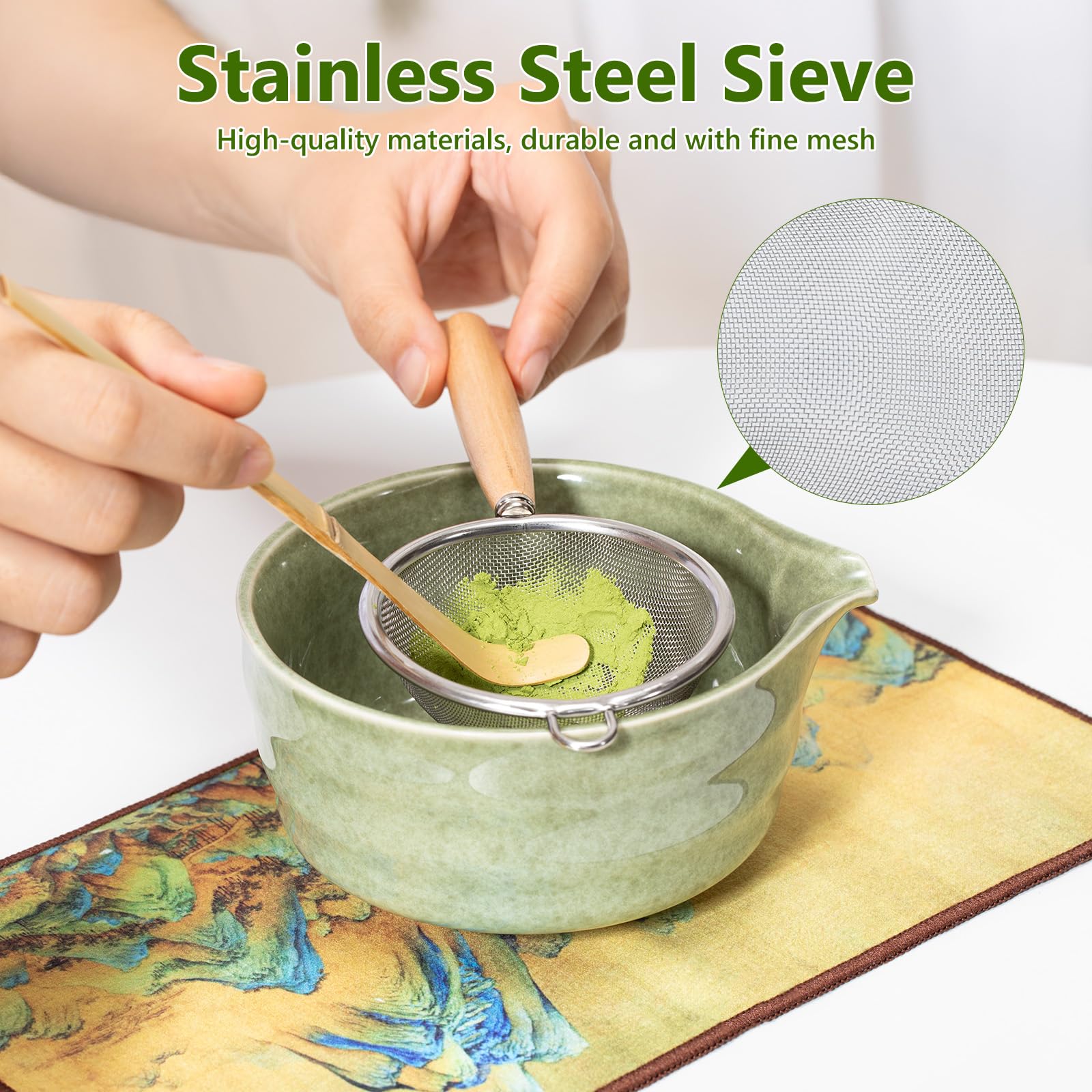 Set di Fruste per Matcha, Set da Tè Matcha da 7 Pezzi con Frusta in Bambù Ciotola in Ceramica Cucchiaio e Supporto Kit di Partenza Tradizionale per la Cerimonia del Tè (Verde)