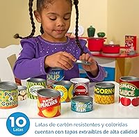 Vista 2 de Melissa & Doug, ¡Juguemos a la casa! Accesorios de cocina, Latas de comida, 10 latas apilables con tapas extraíbles