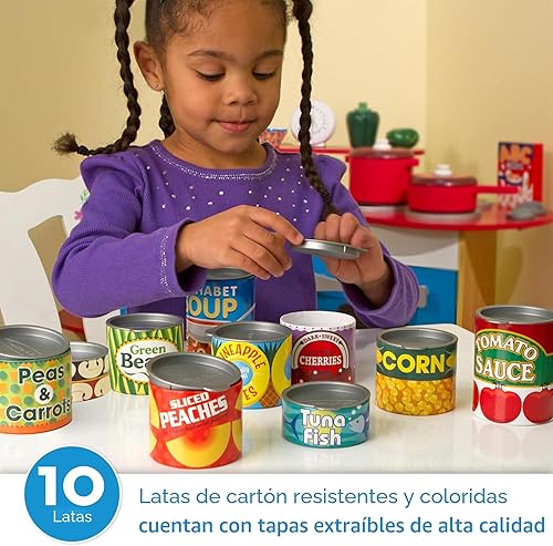 Miniatura 2 de Melissa & Doug, ¡Juguemos a la casa! Accesorios de cocina, Latas de comida, 10 latas apilables con tapas extraíbles